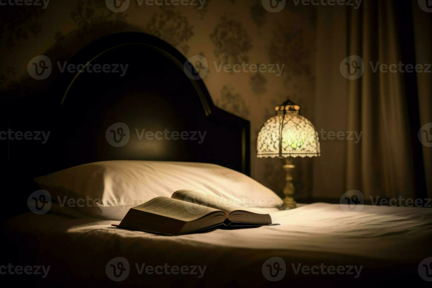 Open book on bed illuminated with lamp. Generate ai photo