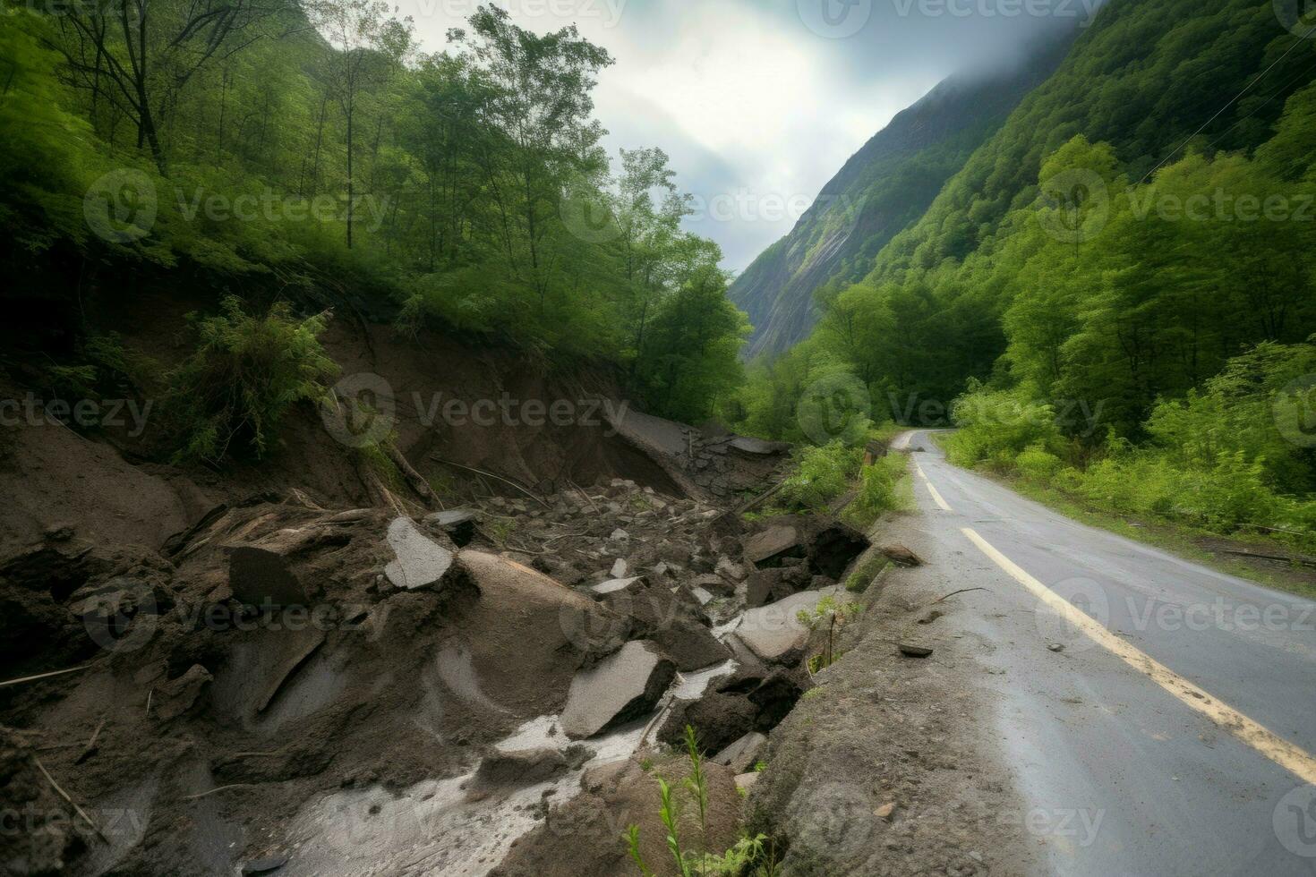 Destroyed road asphalt mountains disaster. Generate Ai photo