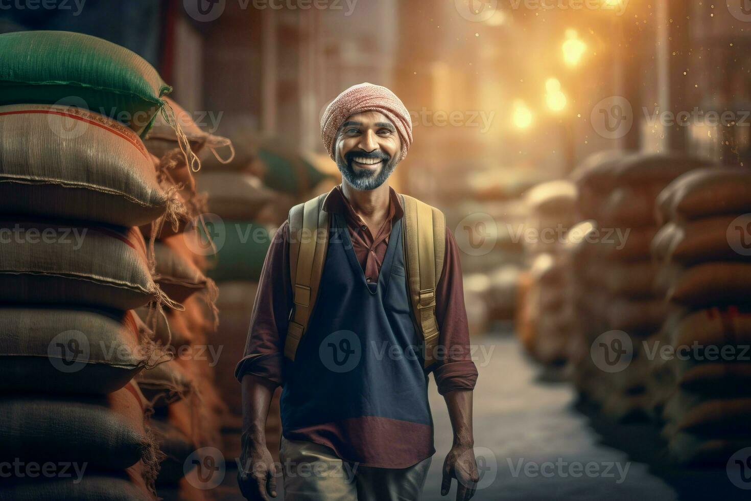 Indian farmer carrying sack. Generate Ai photo