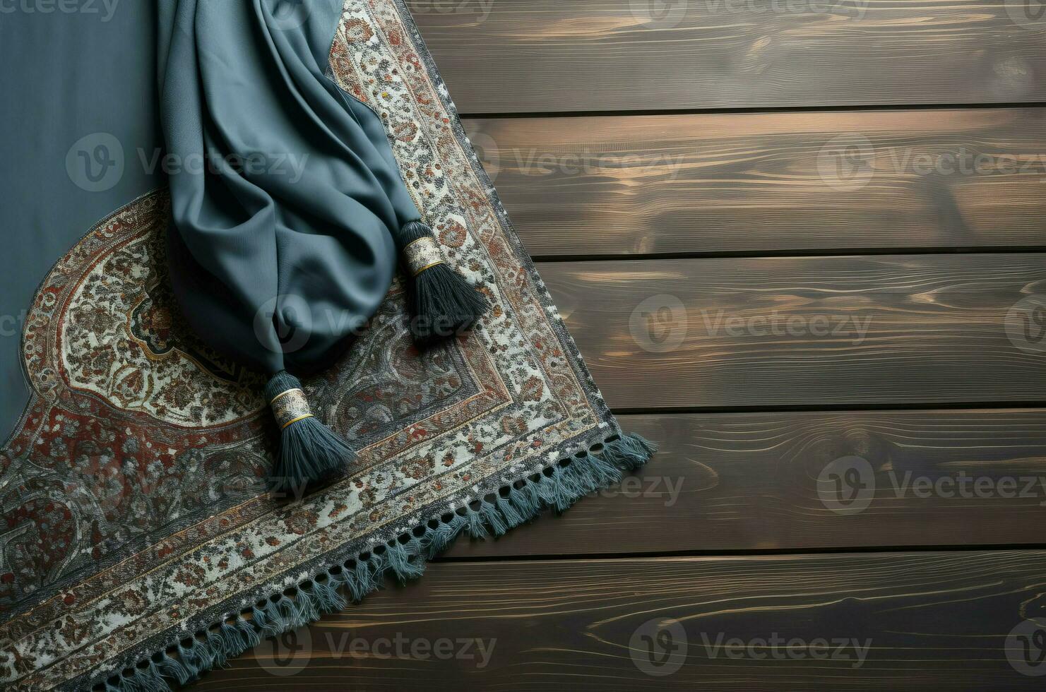 musulmán oración esquina alfombra en de madera piso. generar ai foto
