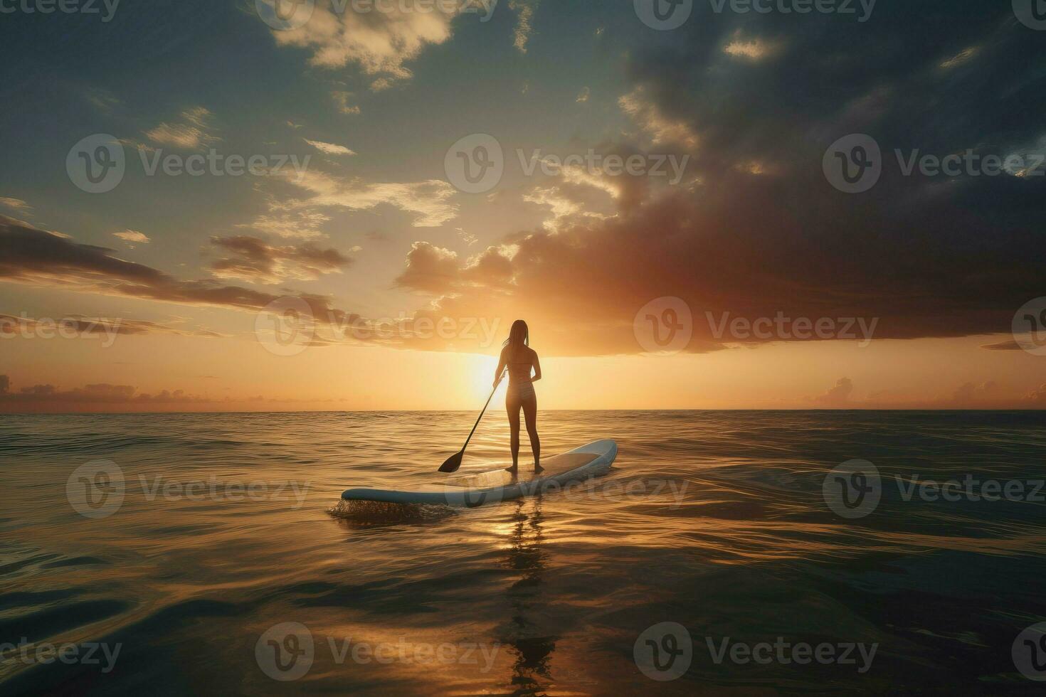 Woman floating on sup board boat in evening orange sunlight. Generate ai photo