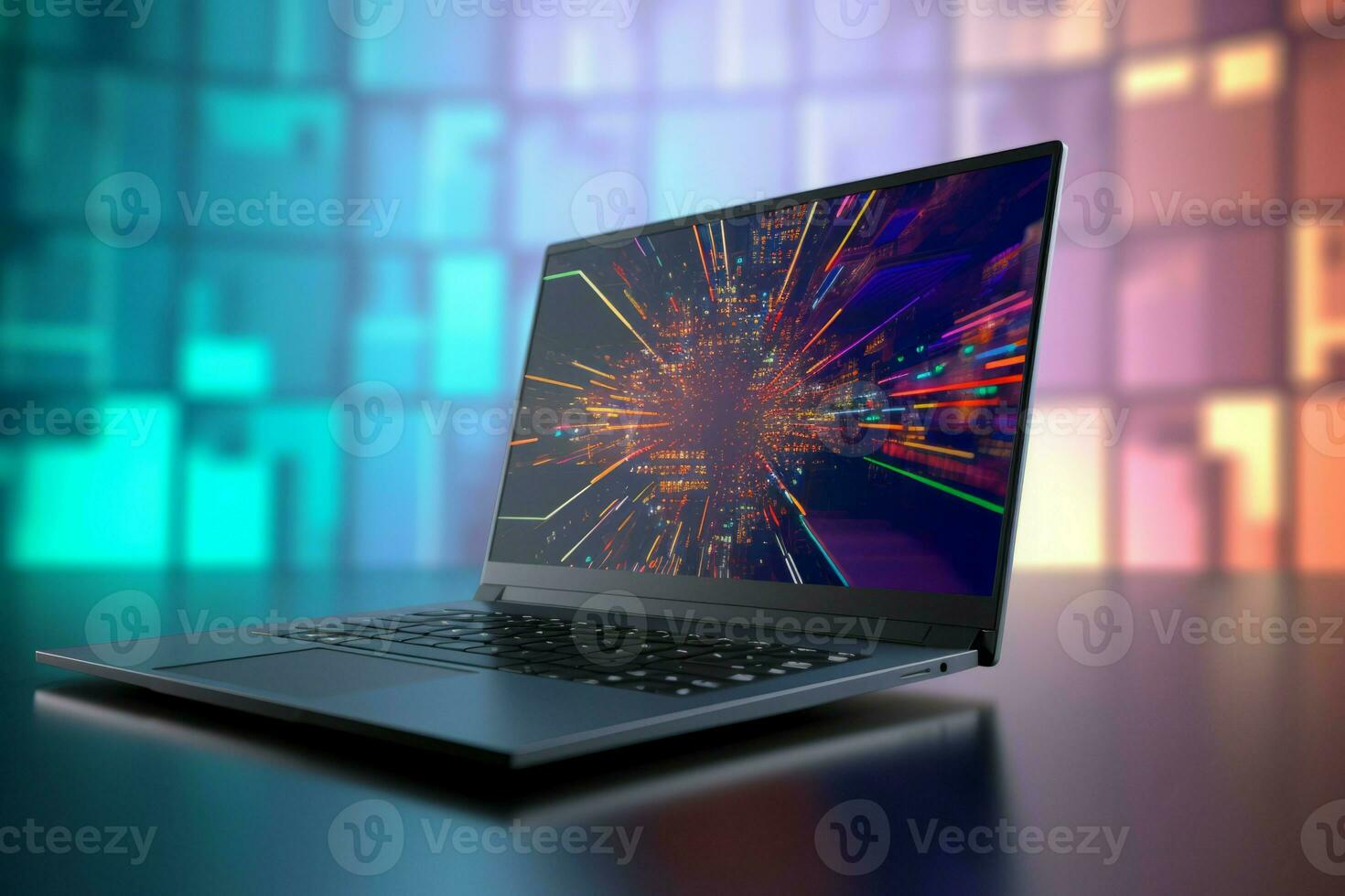 Laptop product photo with abstract screen display. Generate ai