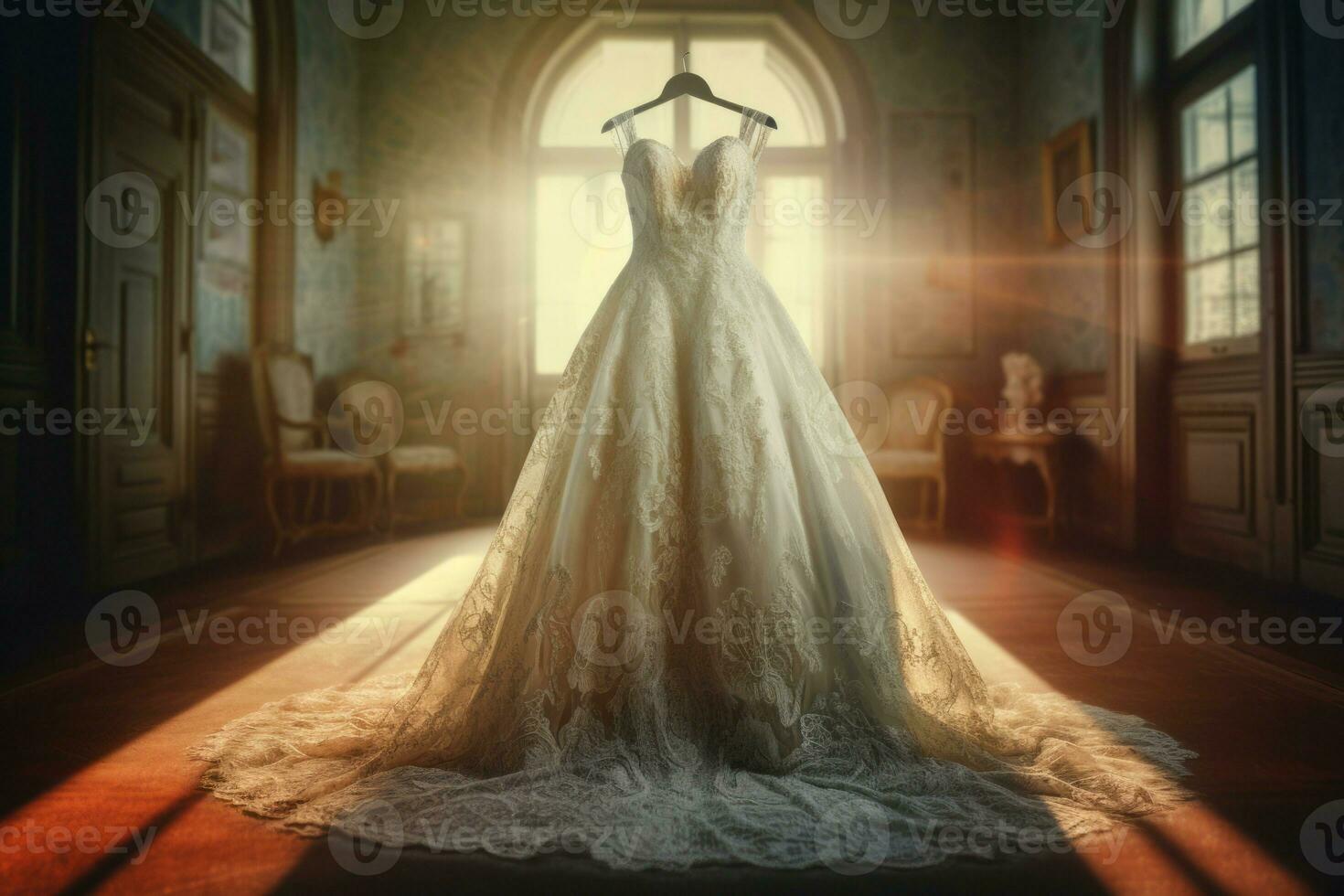 Wedding dress vintage in sunny light. Generate Ai photo