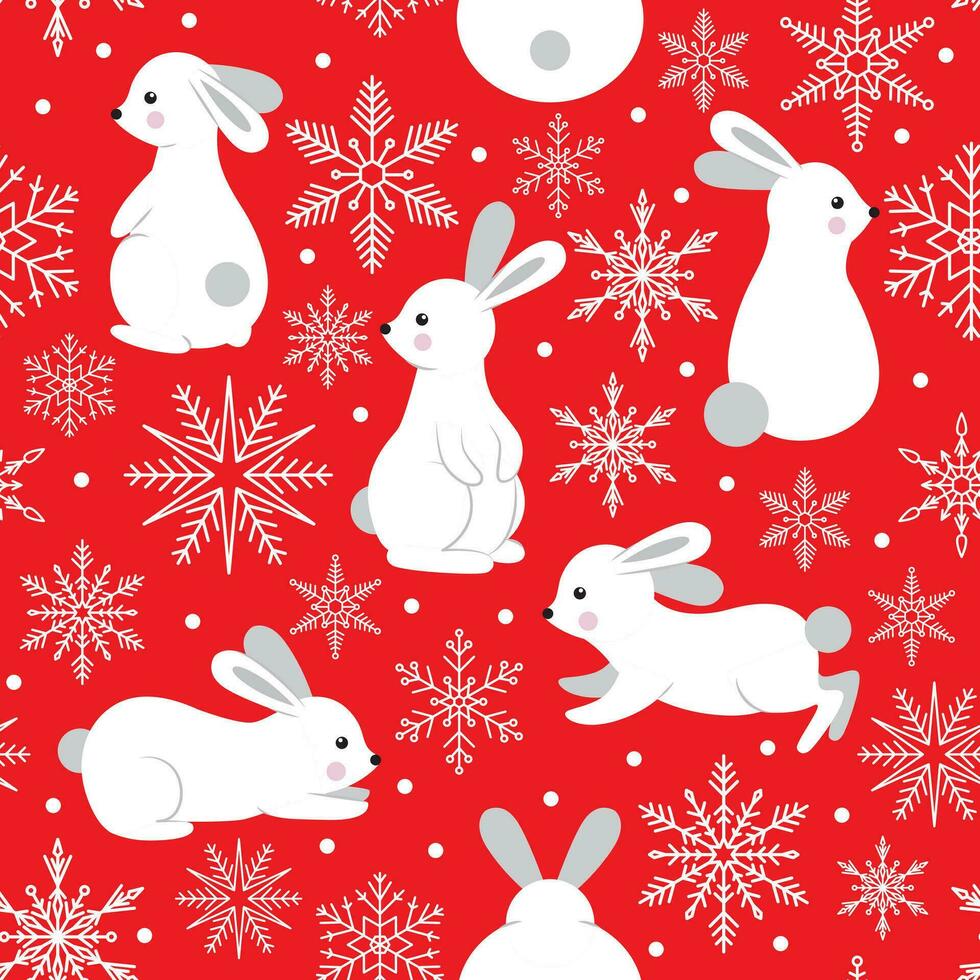 Vector pattern with cute bunnies and snowflakes
