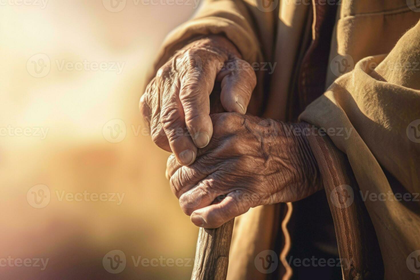 Elderly hands man on cane. Generate Ai photo