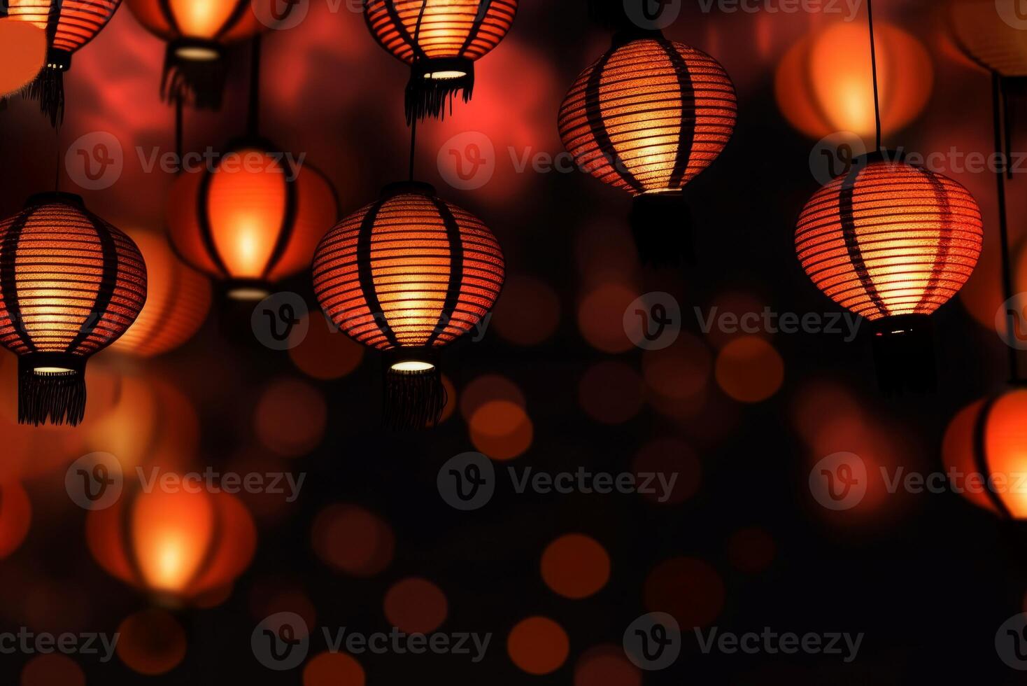 Orange round lanterns in dark black light. Generate ai photo