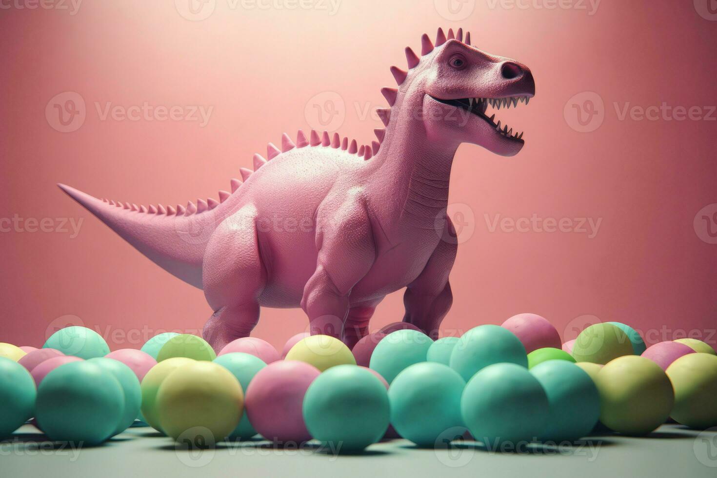 Pink dinosaur playing with colorful pastel balls. Generate ai photo