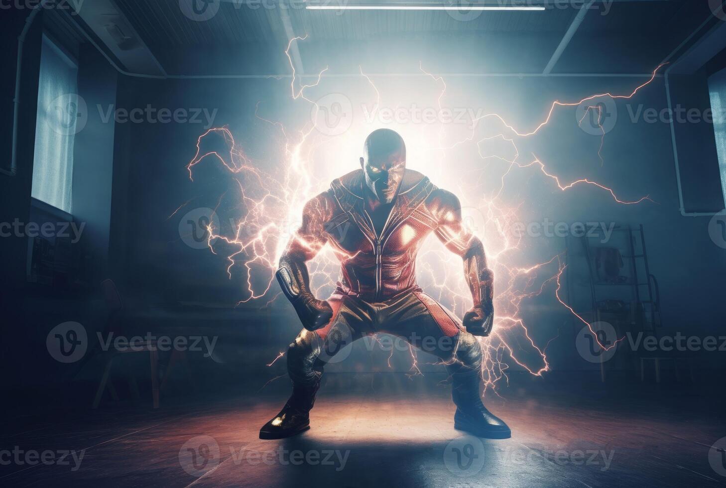 Lightning explosions around angry superhero body. Generate ai photo