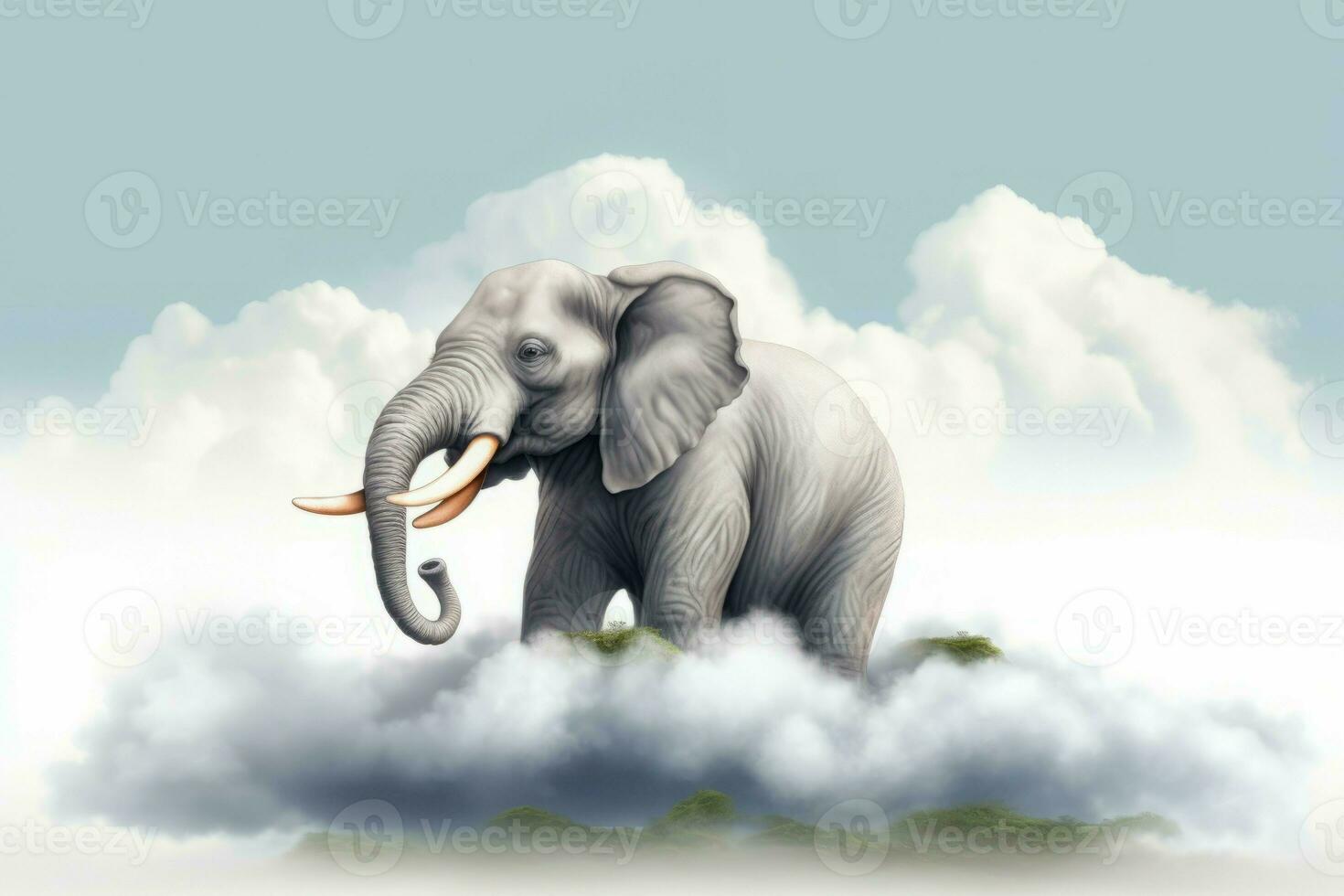 elefante animal sentado en blanco nube ilustración. generar ai foto