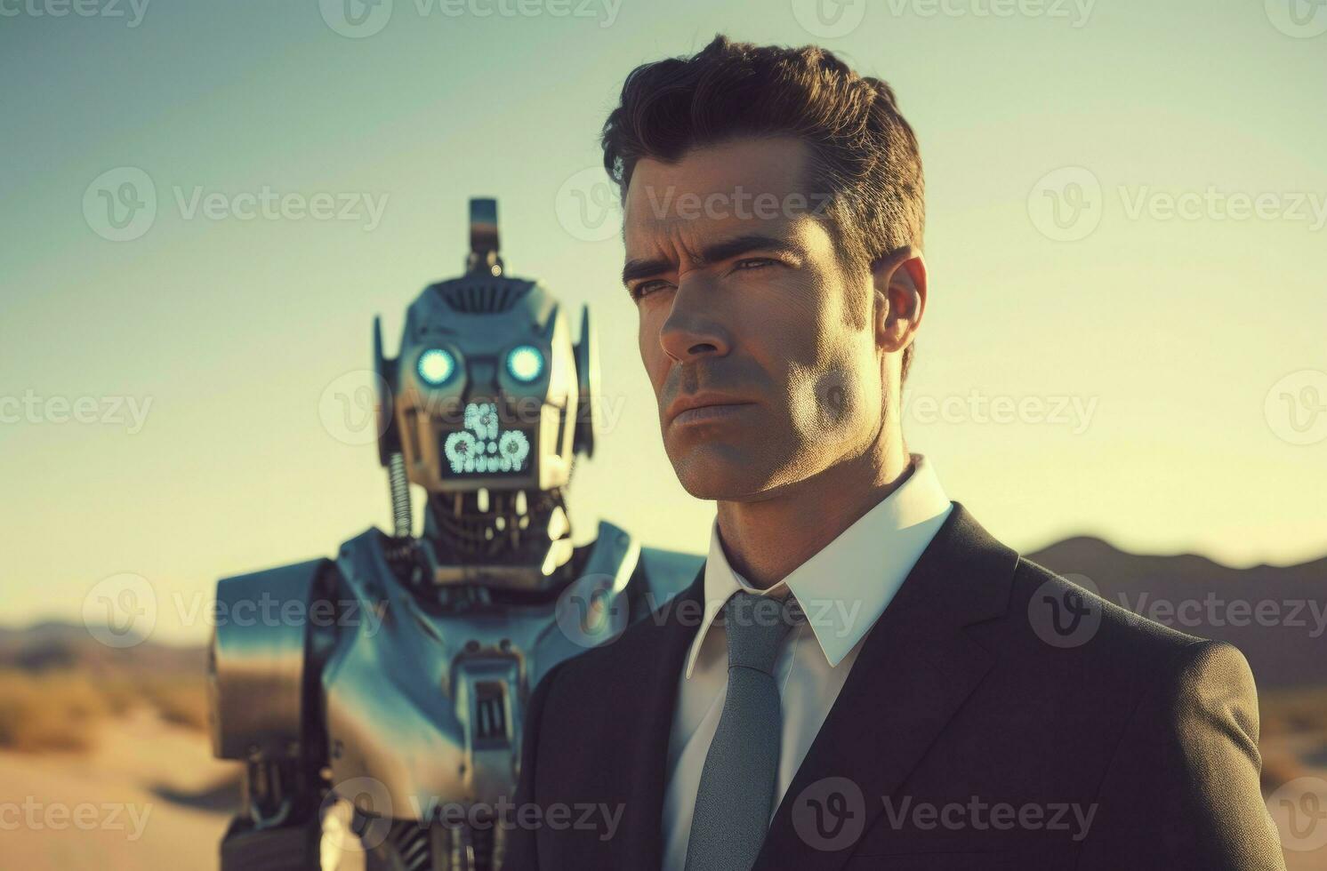 Serious confident businessman with robot android. Generate ai photo