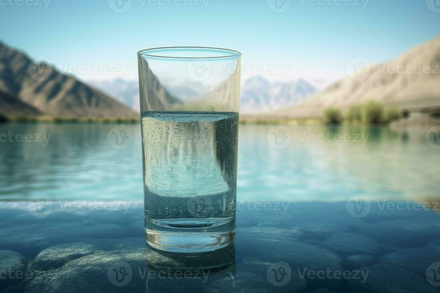 Glass of pure water on clear lake background. Generate ai photo
