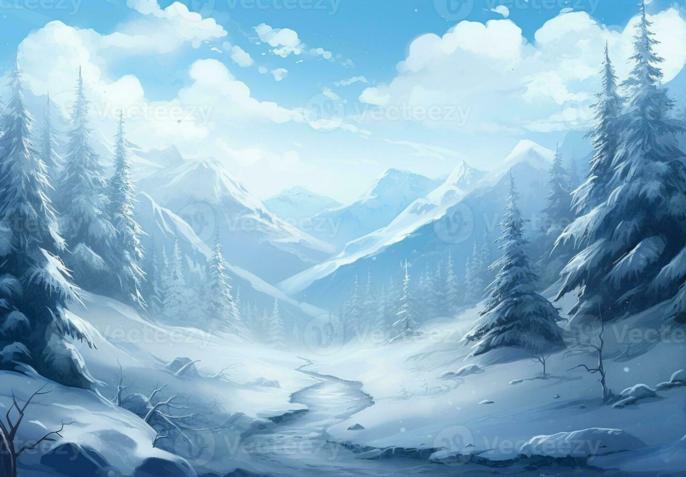 AI generated Snow background and tree winter with copy space scene background photo