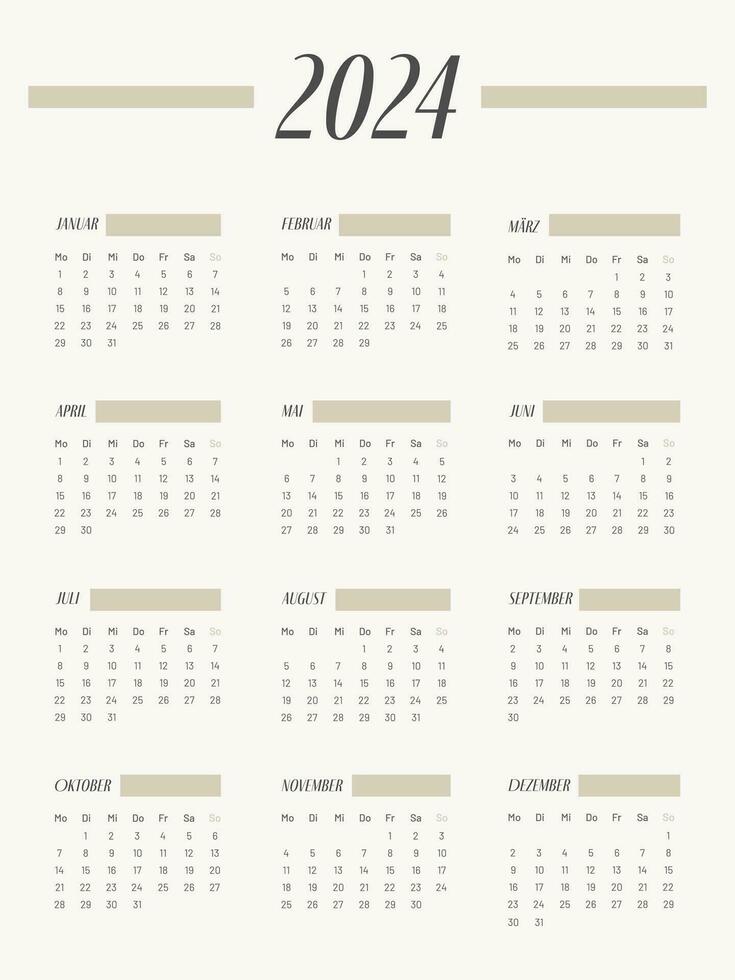 2024 calendar vector design template, simple and clean design. Calendar in German. The week starts on Monday.