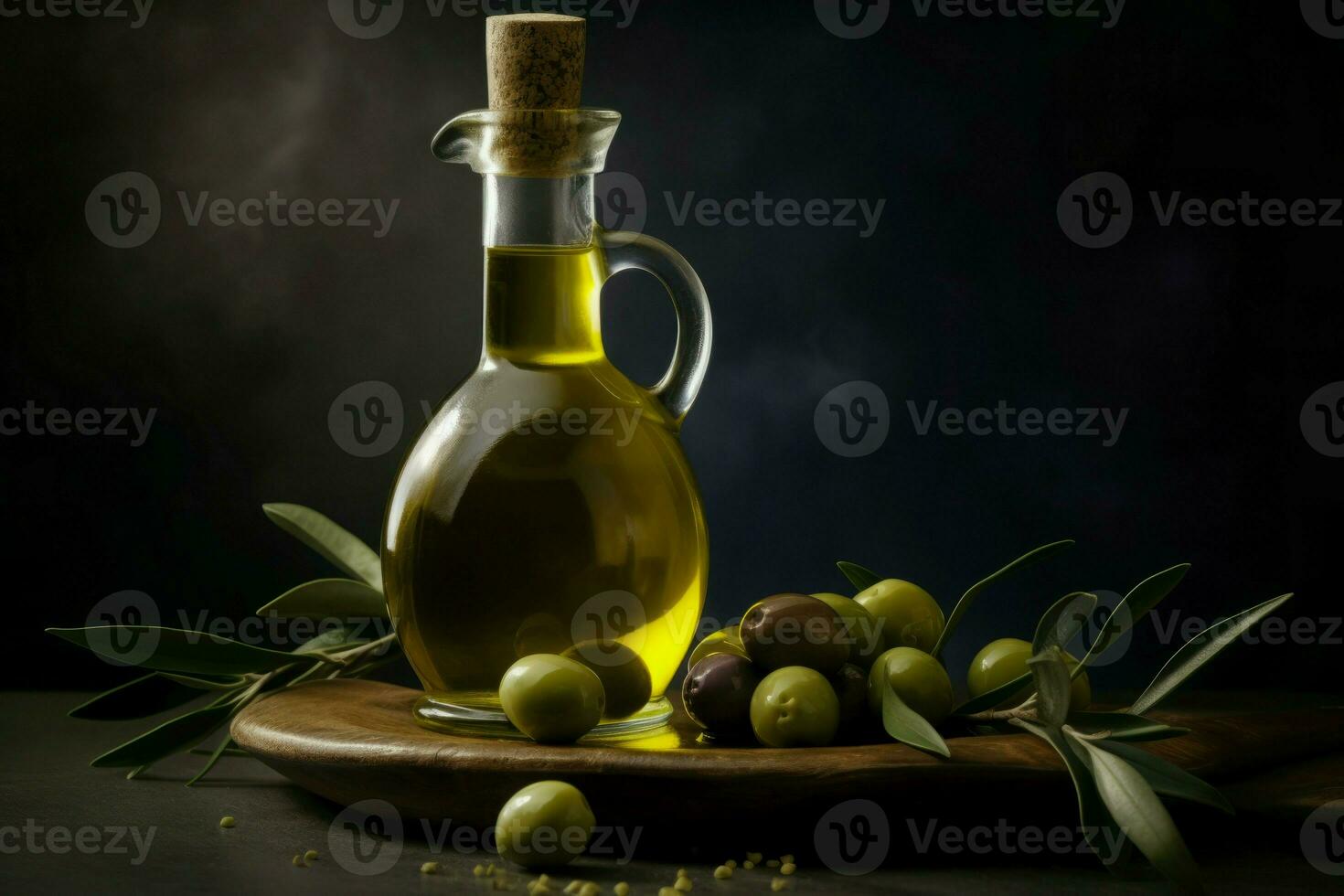 aceituna petróleo botella en estudio mesa. generar ai foto