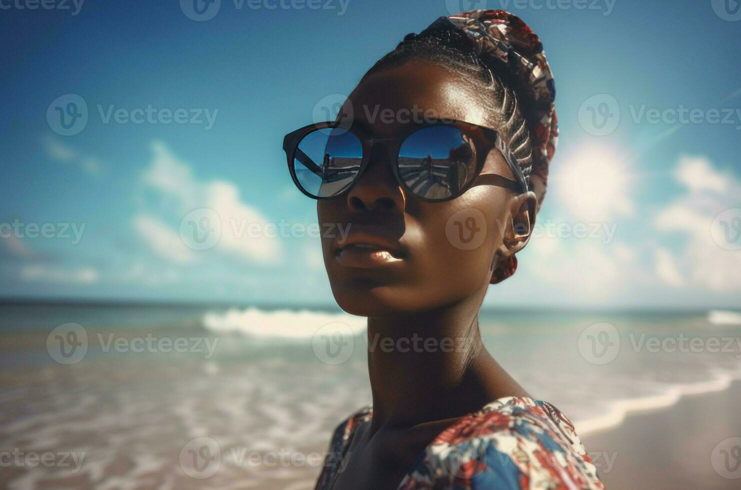Black woman beach sunglasses. Generate Ai photo