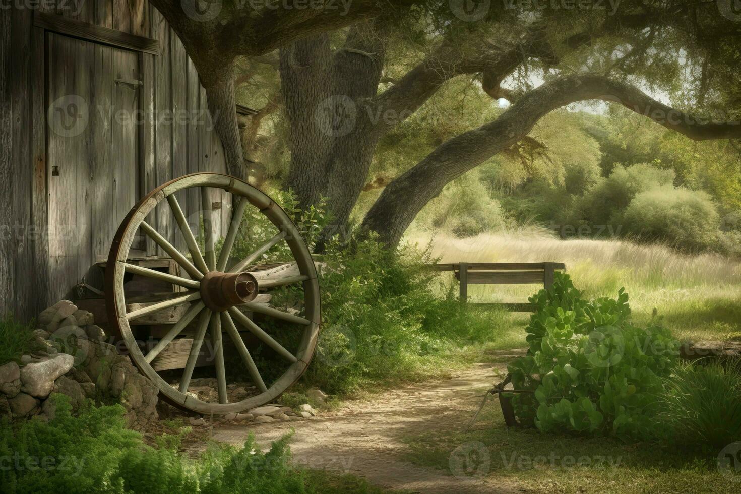 Rustic old wheel scene nature shot. Generate Ai photo