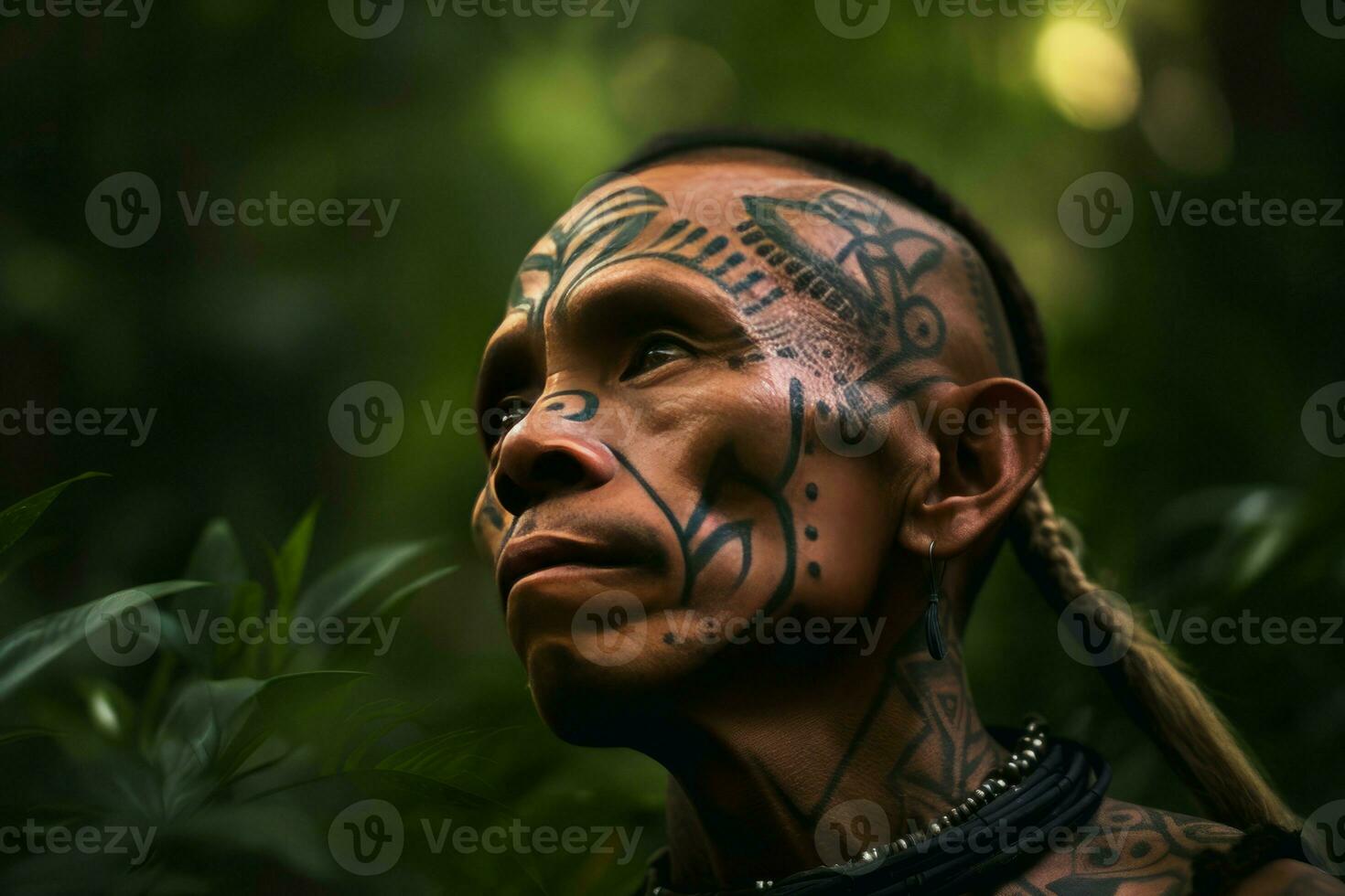 tatuado tribu hombre bosque disparo. generar ai foto