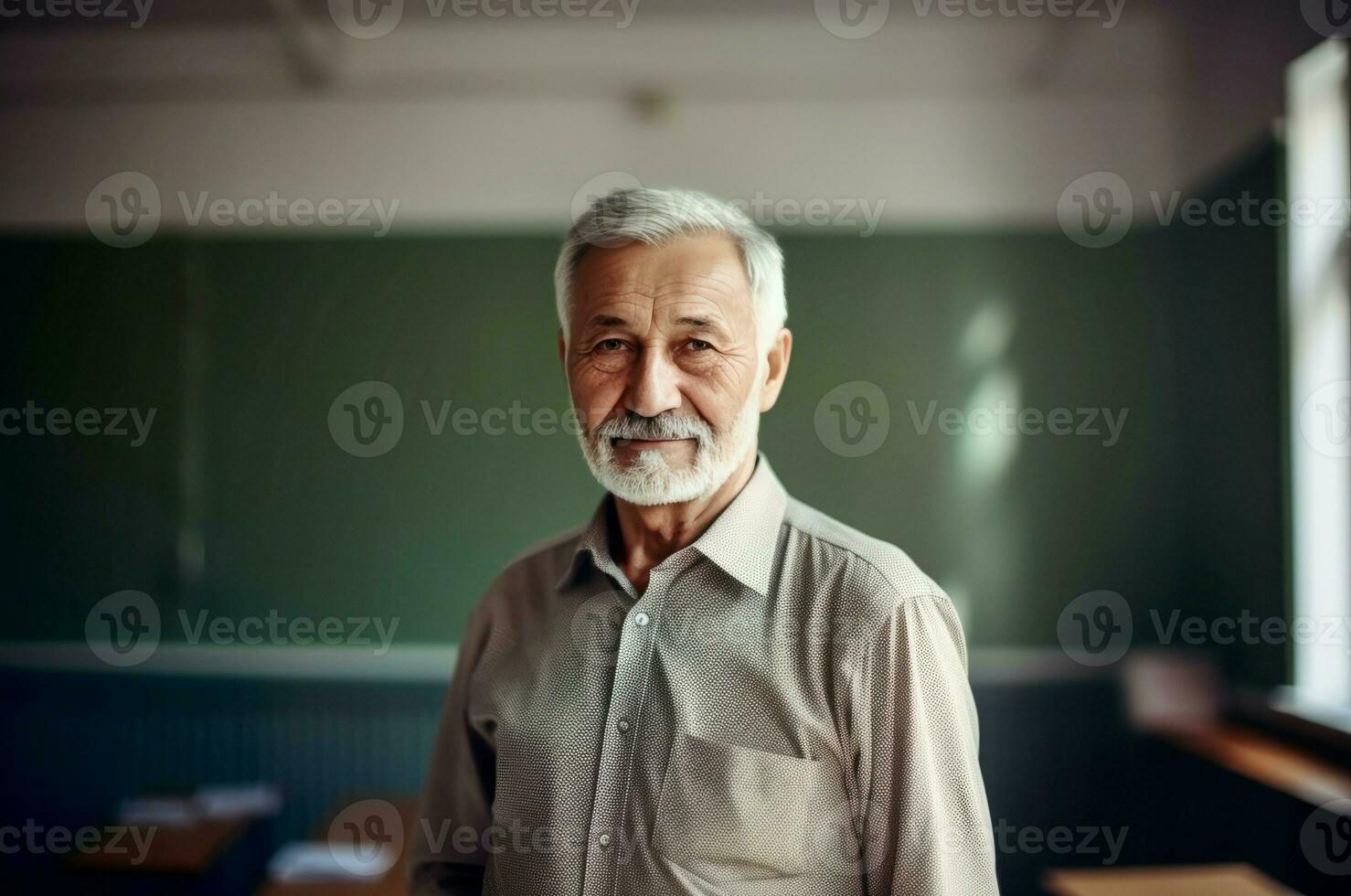 Senior bearded teacher classroom smiling. Generate Ai photo