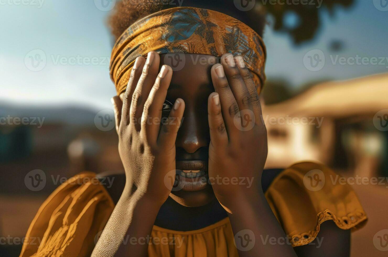 africano niña cubrir rostro. generar ai foto