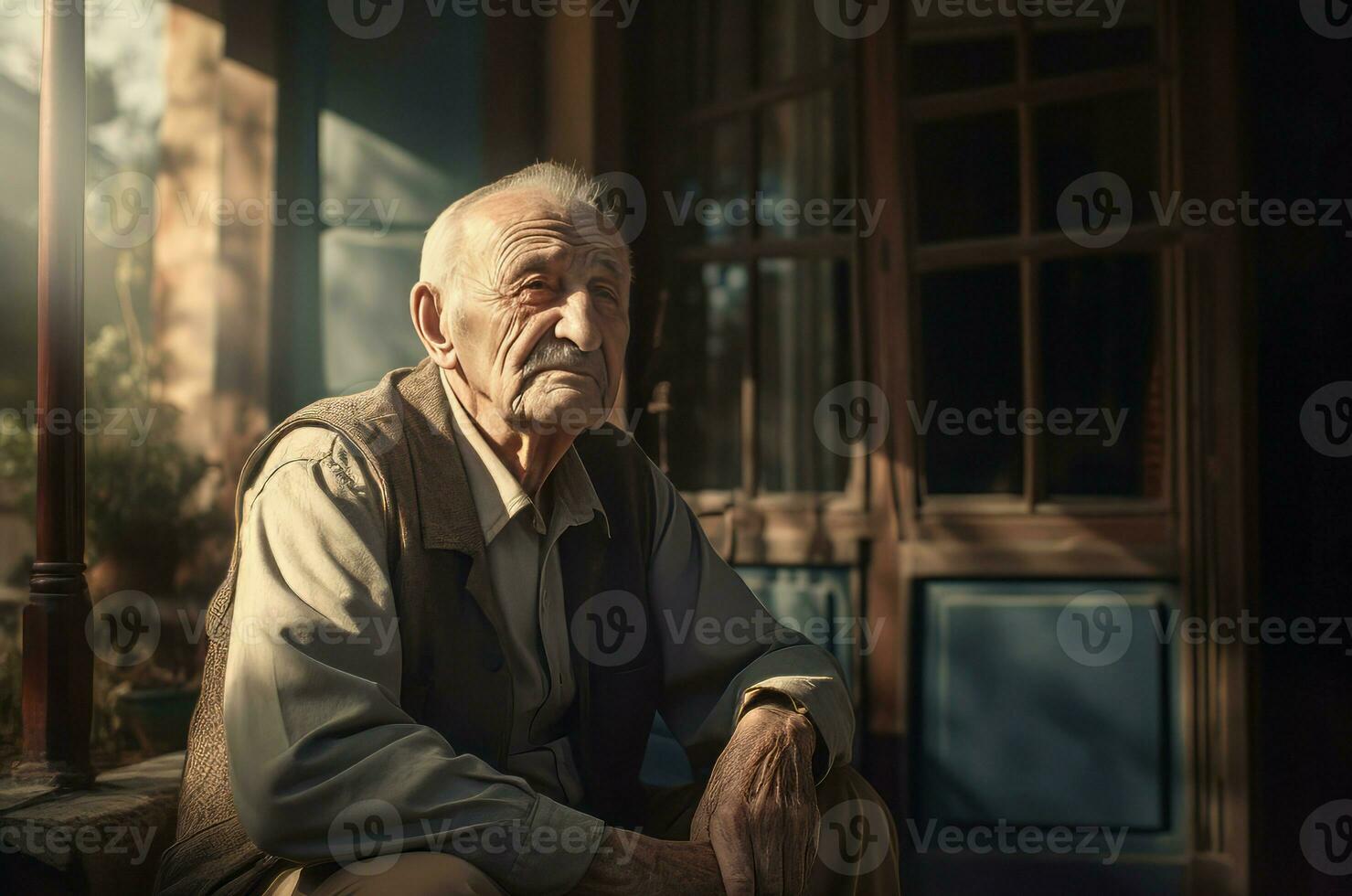 Lonely elderly man at home outdoor. Generate Ai photo