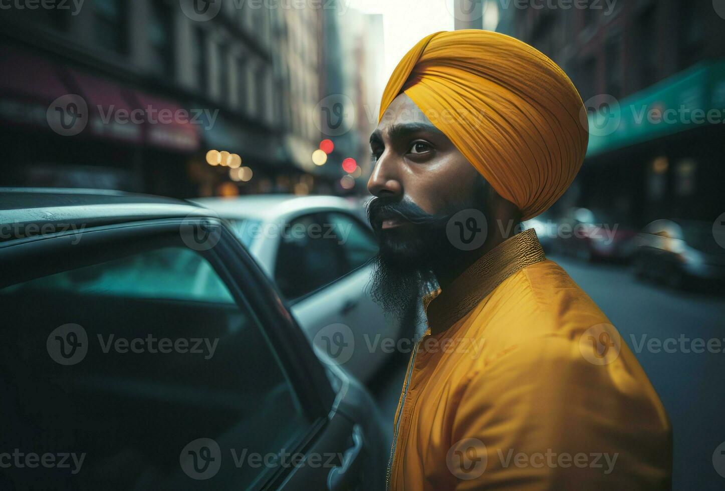 Sikh adult yellow cloth taxi driver. Generate AI photo