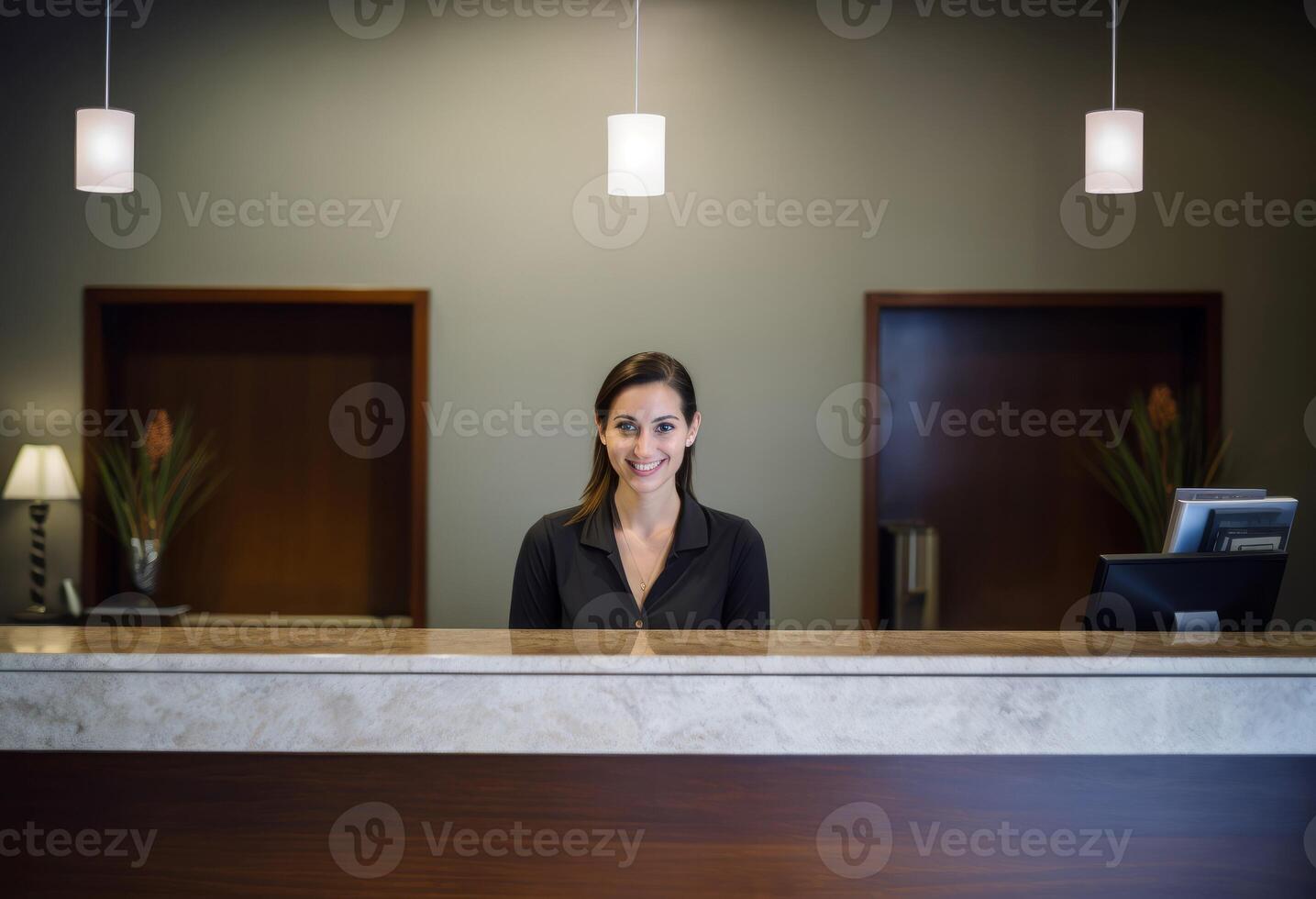 Smiling receptionist desk lobby. Generate Ai 34602480 Stock Photo at