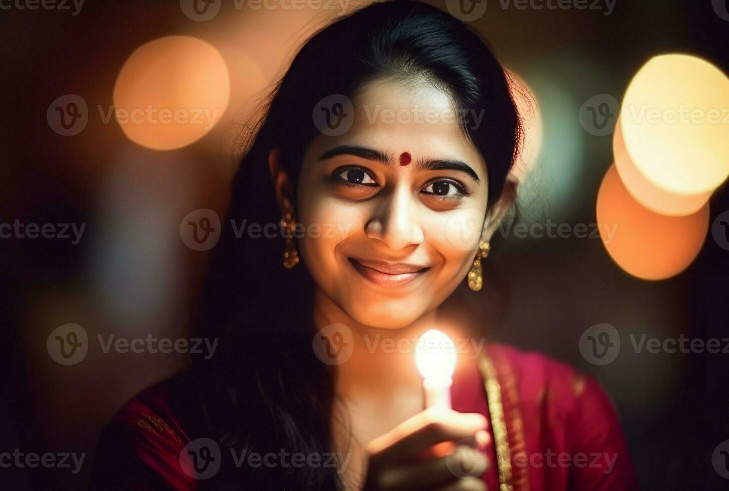 Indian married woman smiling with burning candle. Generate Ai photo