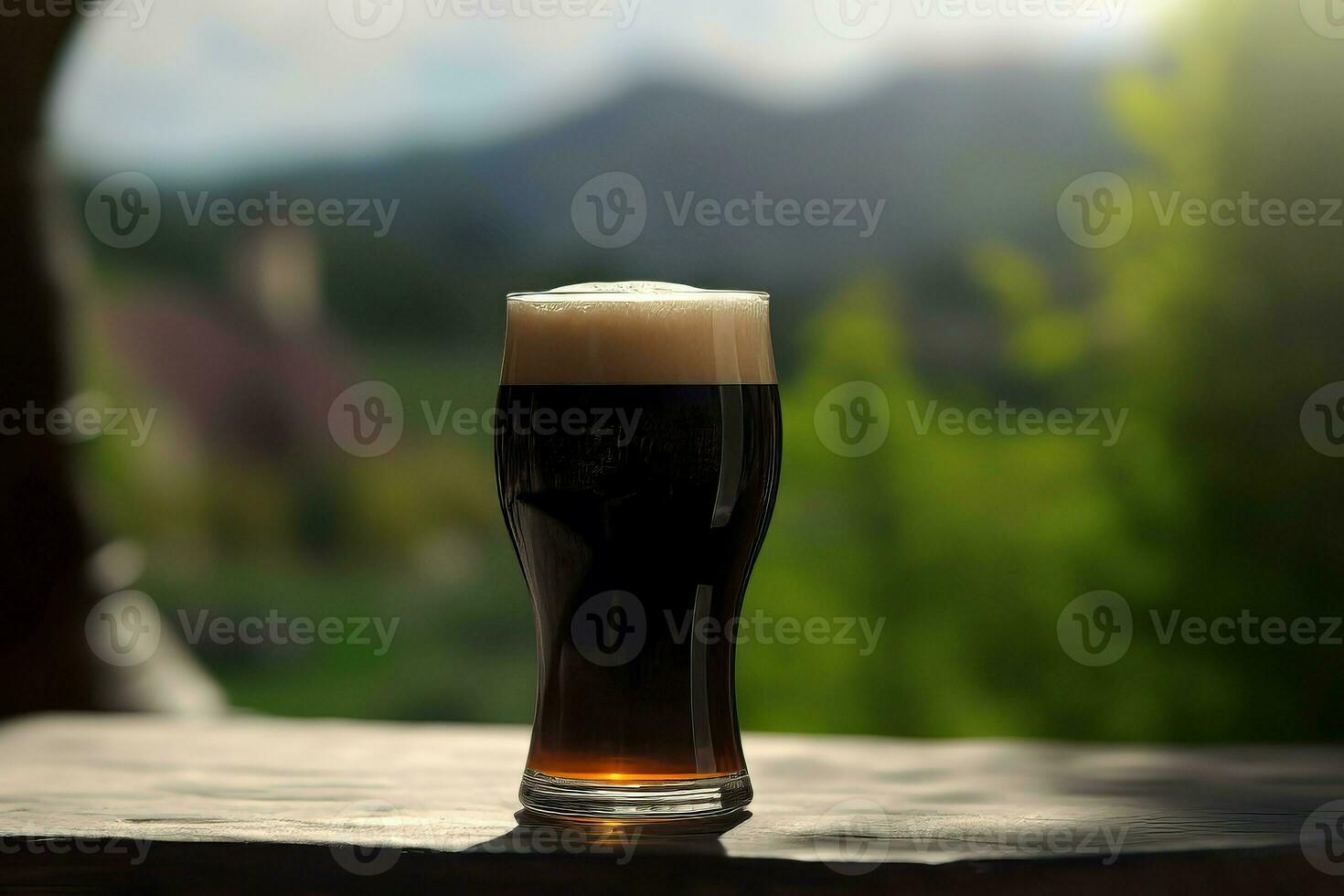 Dark beer glass on wooden table. Generate Ai photo