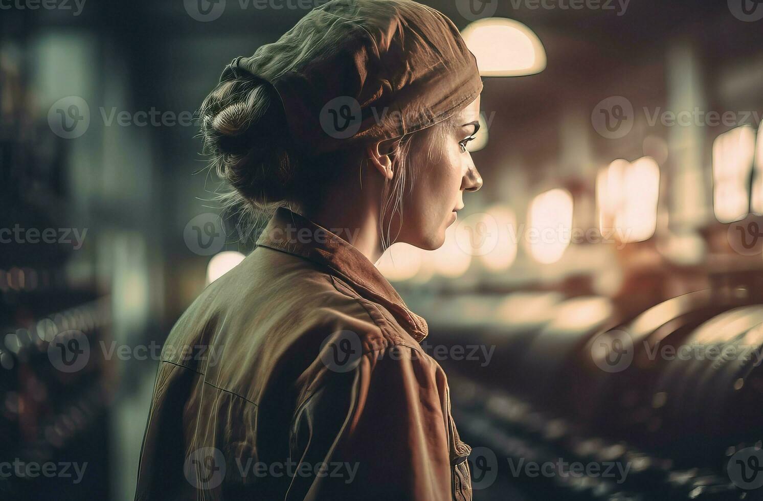 Factory vintage woman worker early morning. Generate Ai photo