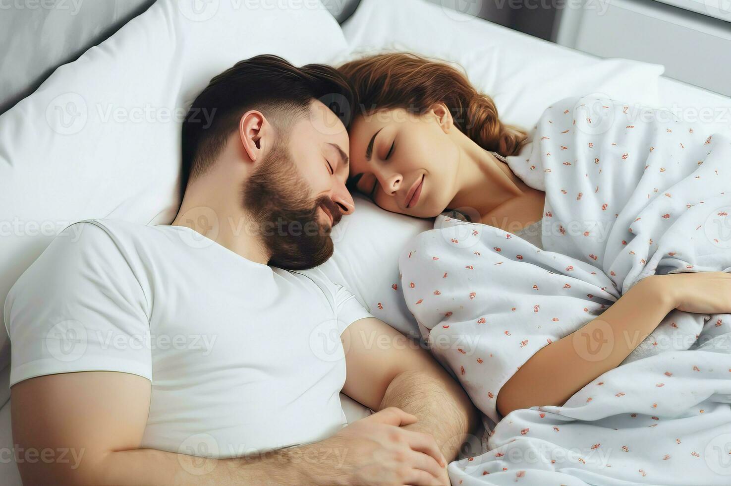 encantador Pareja dormido juntos dormitorio. generar ai foto