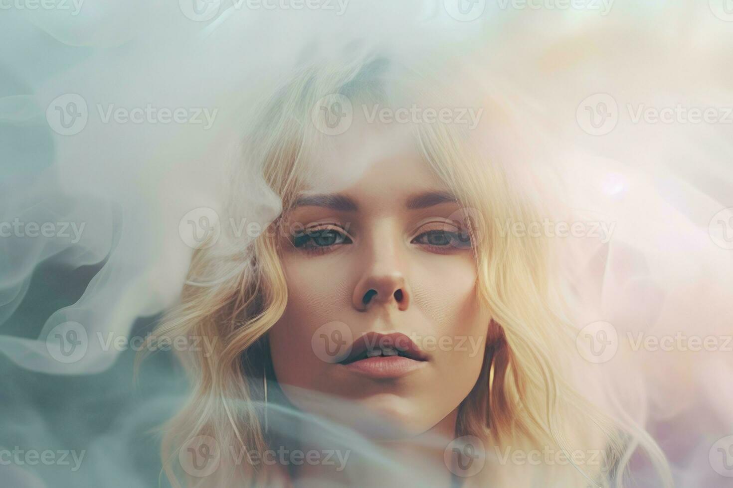 Woman in smoke face vaping. Generate Ai photo