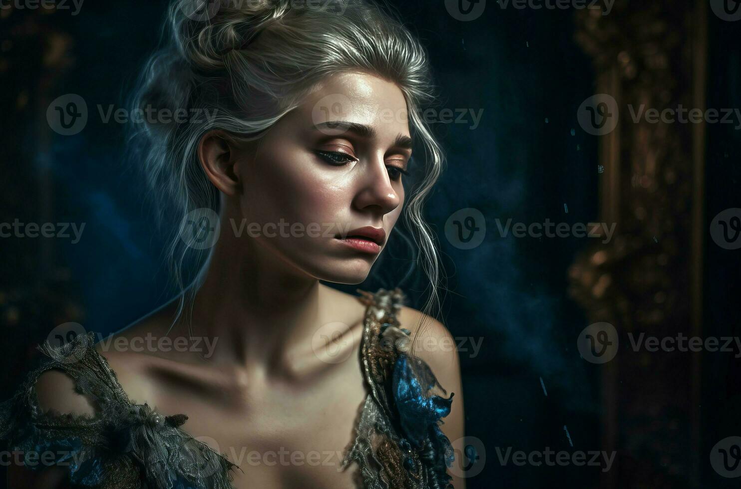 Crying blonde woman. Generate Ai photo