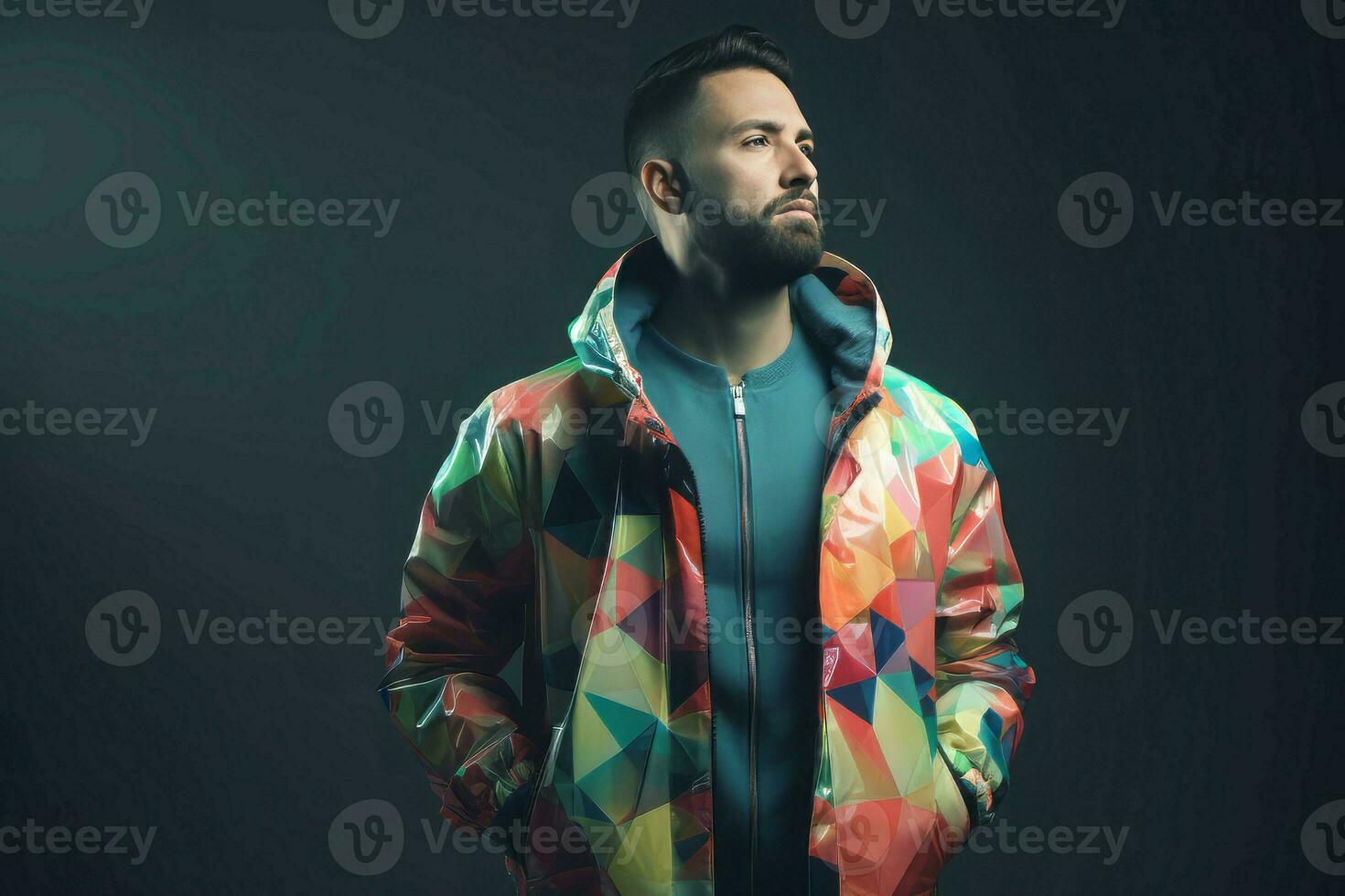 Man wear colorful windbreaker. Generate Ai photo