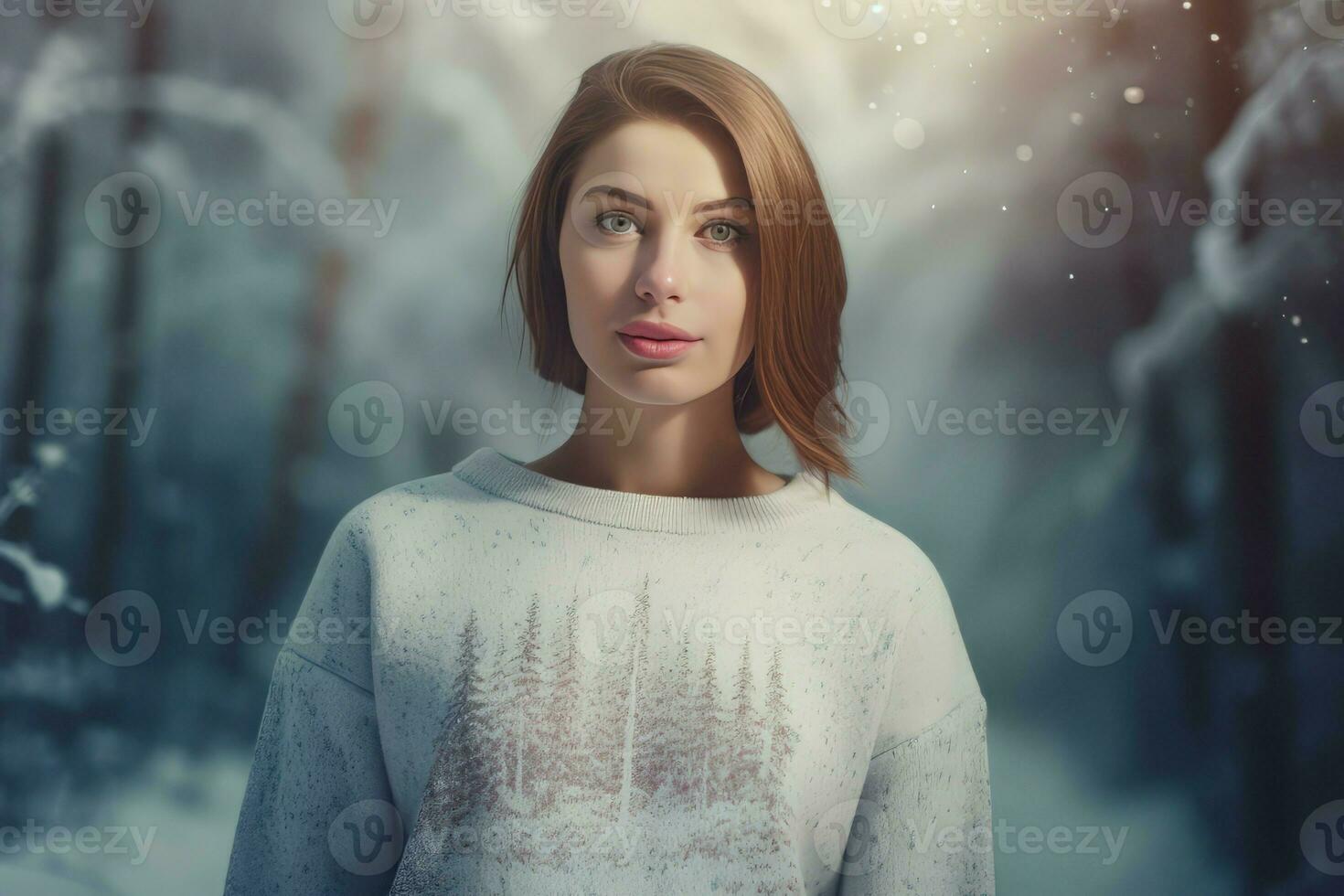 Woman winter forest snow outside. Generate Ai photo