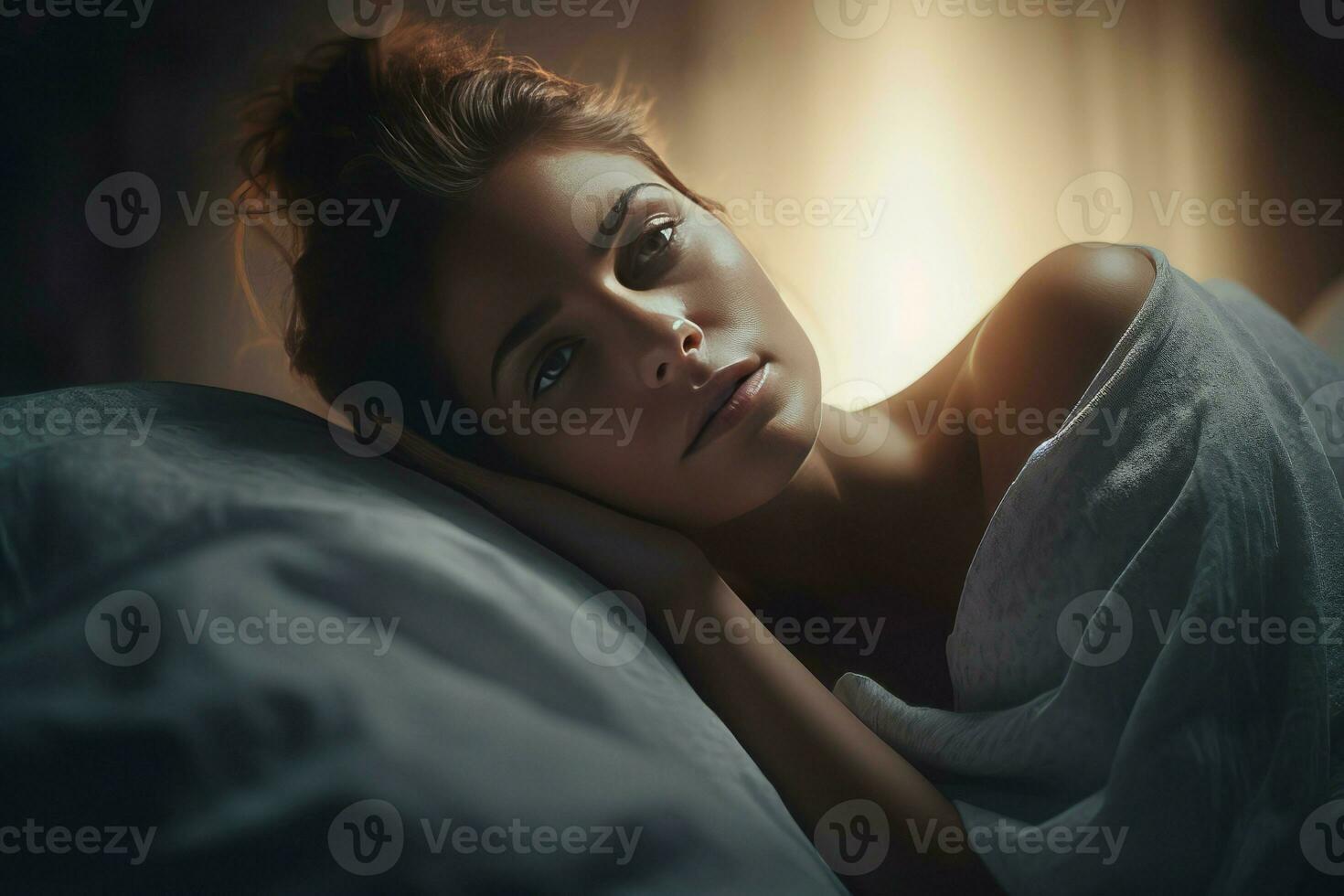Woman bed disappointed at morning. Generate Ai photo
