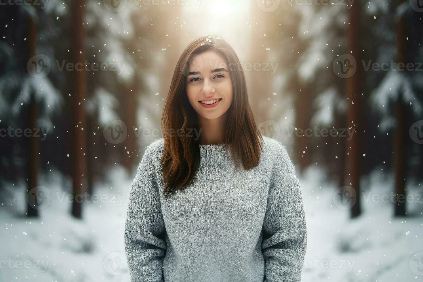 mujer invierno bosque nieve blanco. generar ai foto