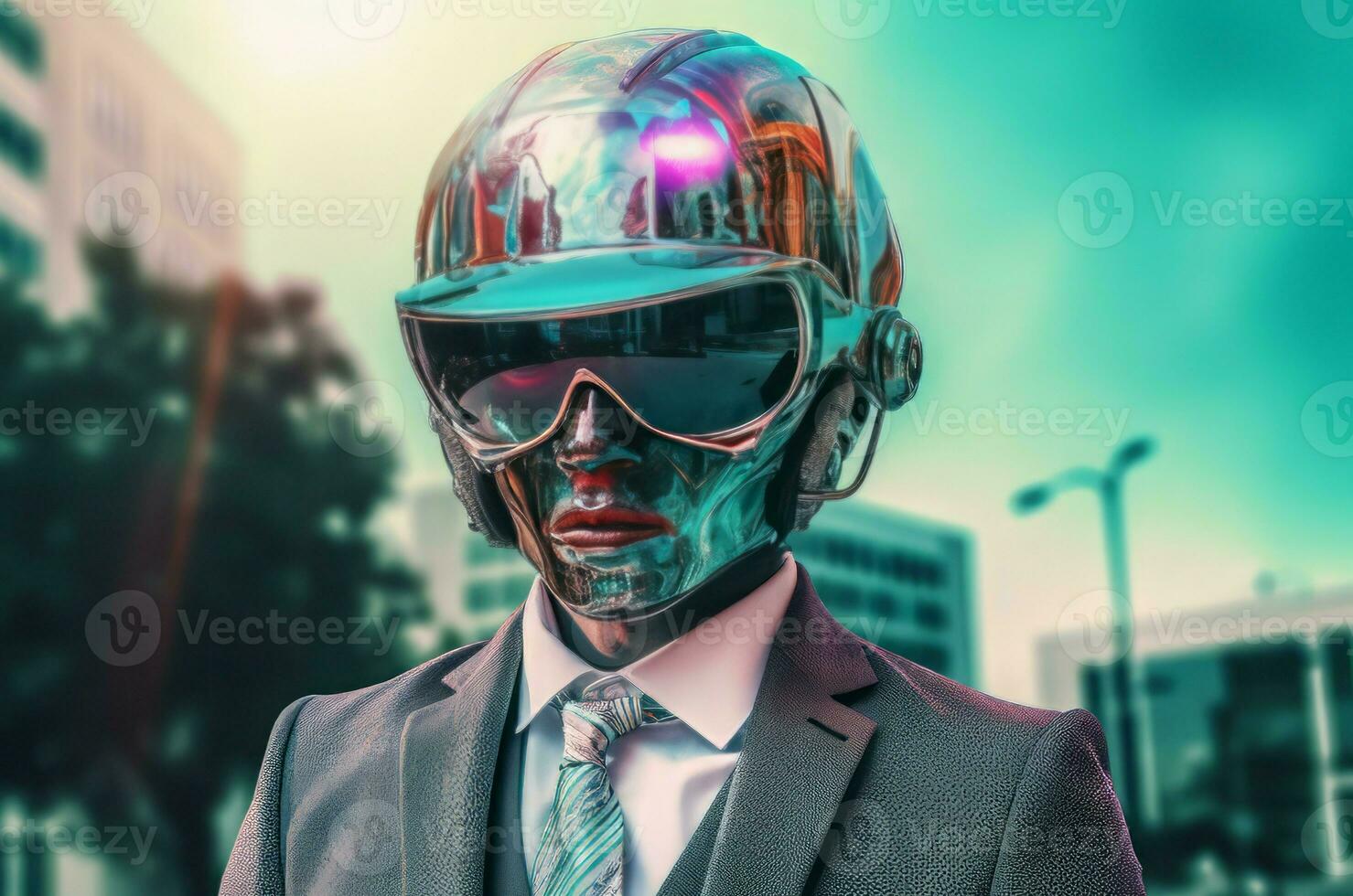 Man cyber helmet suit city. Generate Ai photo