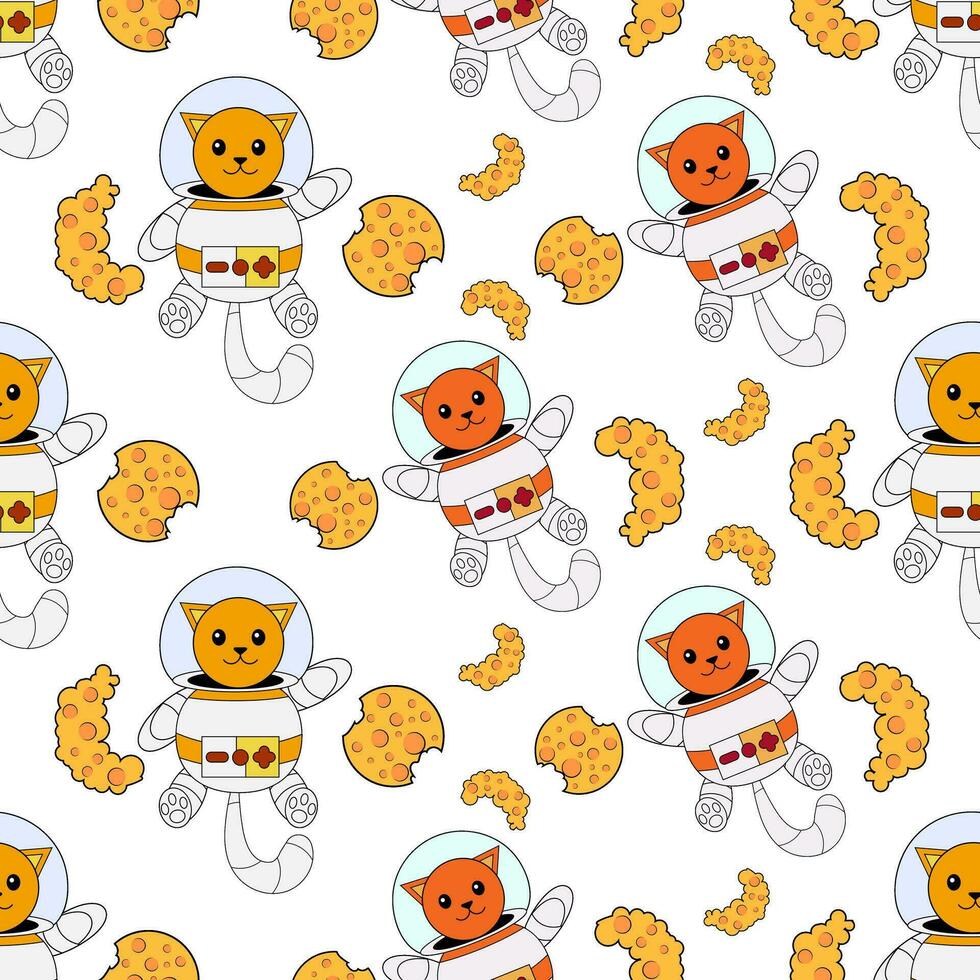 Cosmic seamless pattern, cute doodle cat astronauts floating in space, vector illustration