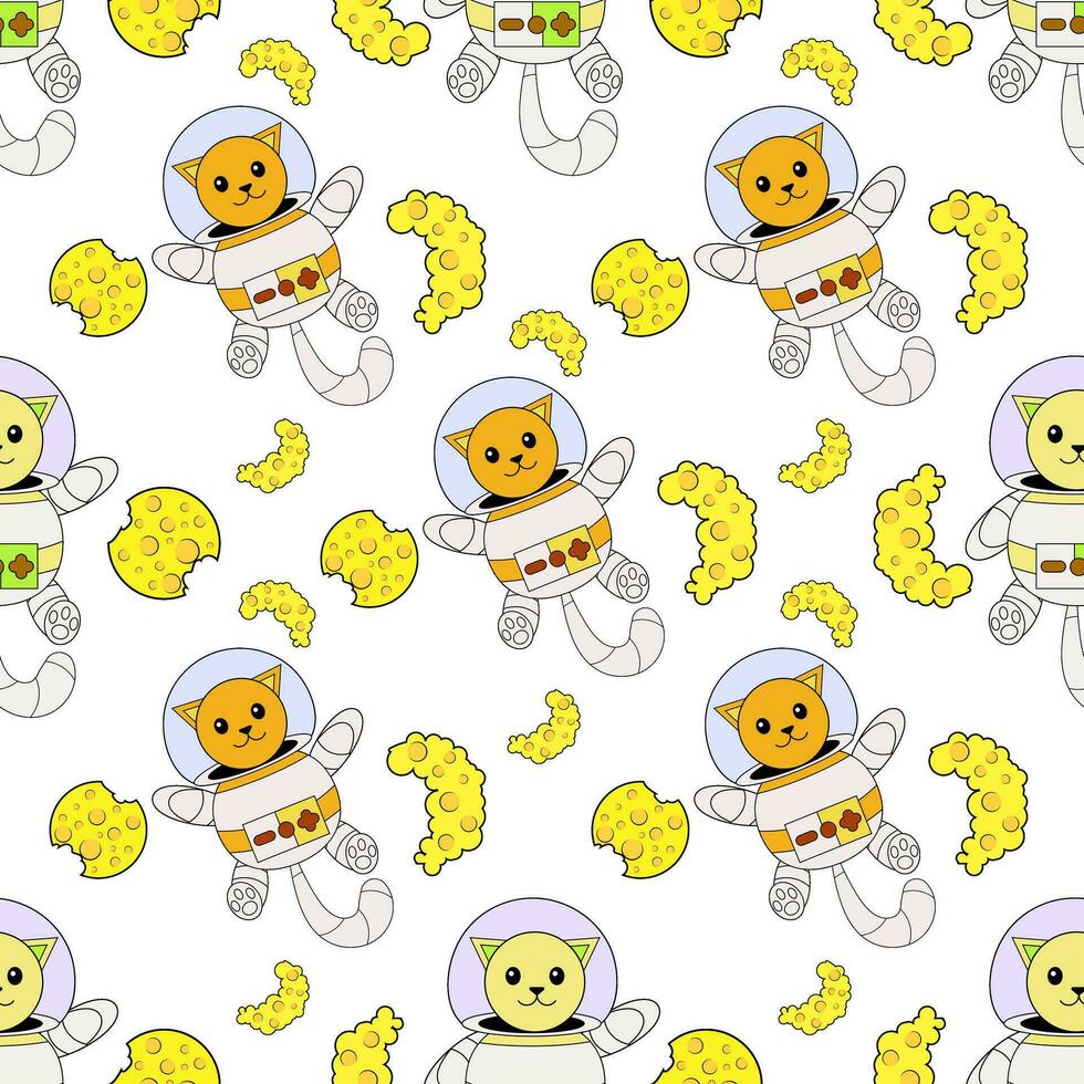 Cosmic seamless pattern, cute doodle cat astronauts floating in space, vector illustration
