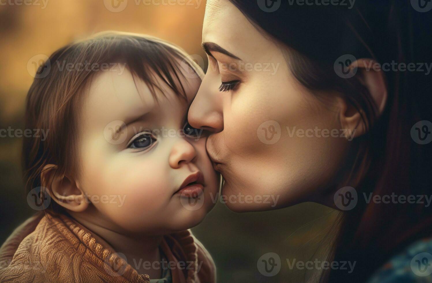 Cute mother daughter kiss nature outdoor. Generate Ai photo