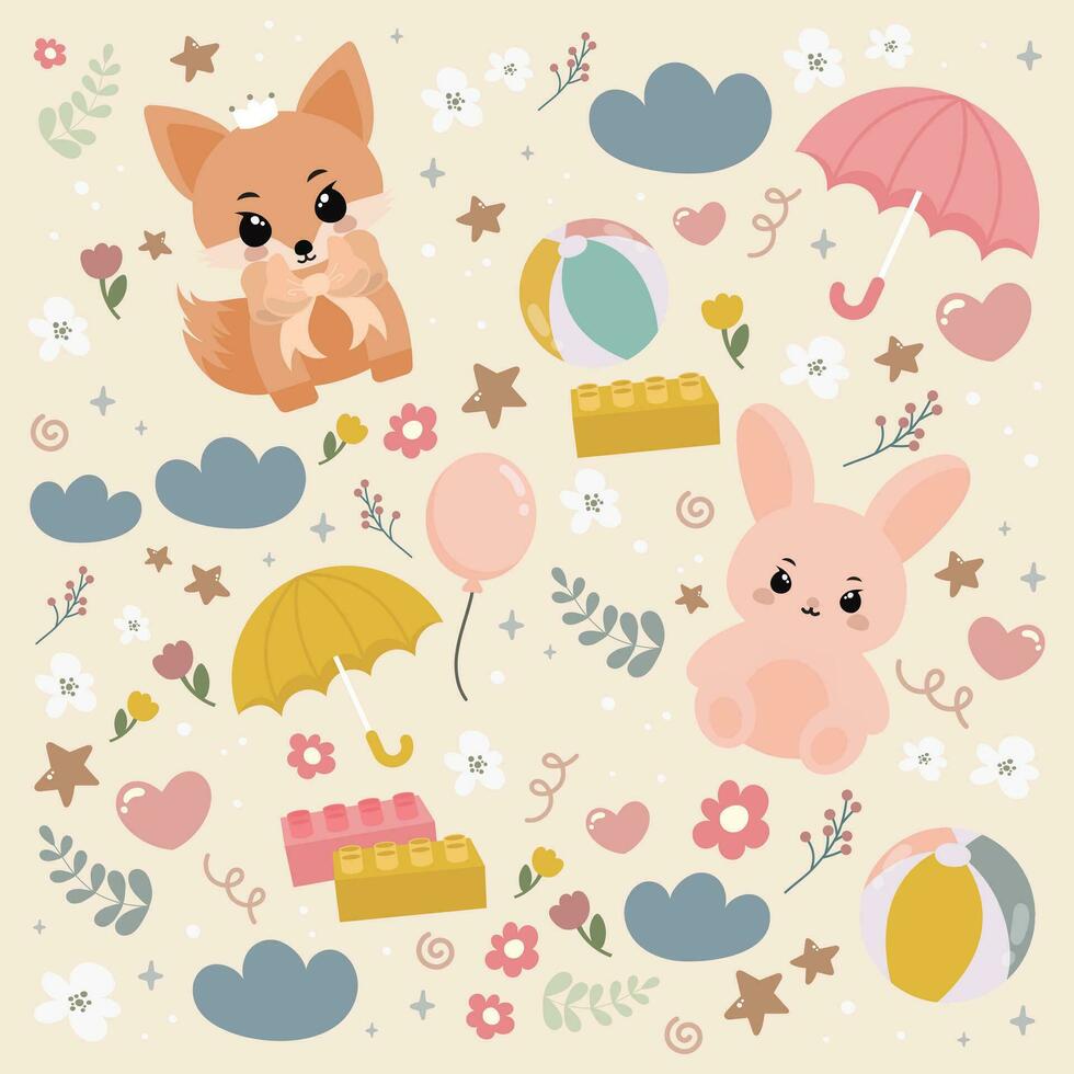 flat design vector cute colorful children toys pattern background collection