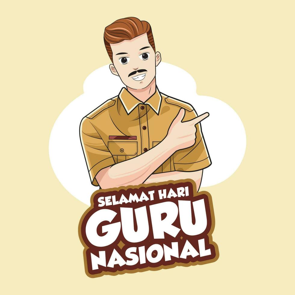 Happy Indonesia Teachers Day, or teacher man with pointing aside. Vector illustration