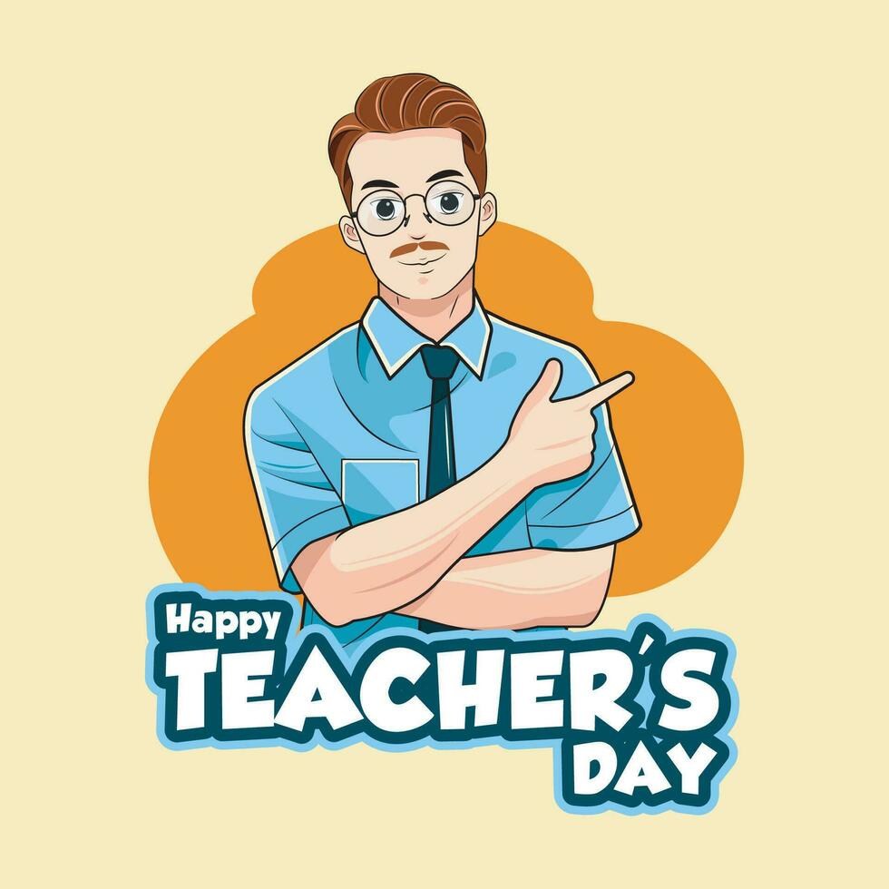 Happy teacher's day or teacher man with pointing aside. Vector illustration
