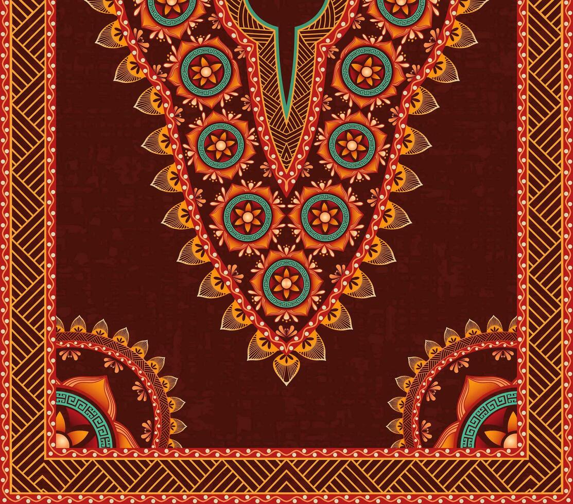 Vibrant symmetrical neckline pattern design with floral mandala motifs on a dark brown background. vector