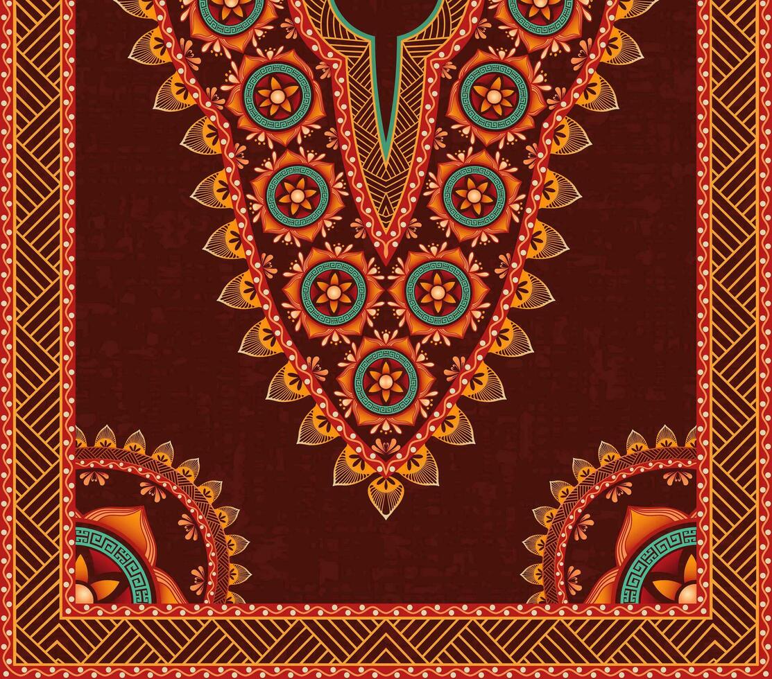 vibrante simétrico escote modelo diseño con floral mandala motivos en un oscuro marrón antecedentes. vector