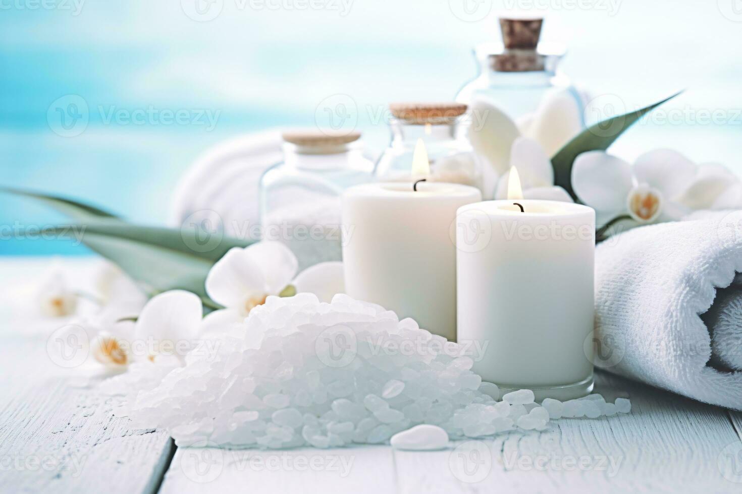 Massage Stones, Essential Oils, and Sea Salt for Spa Procedures on White Wooden Table. AI Generative photo