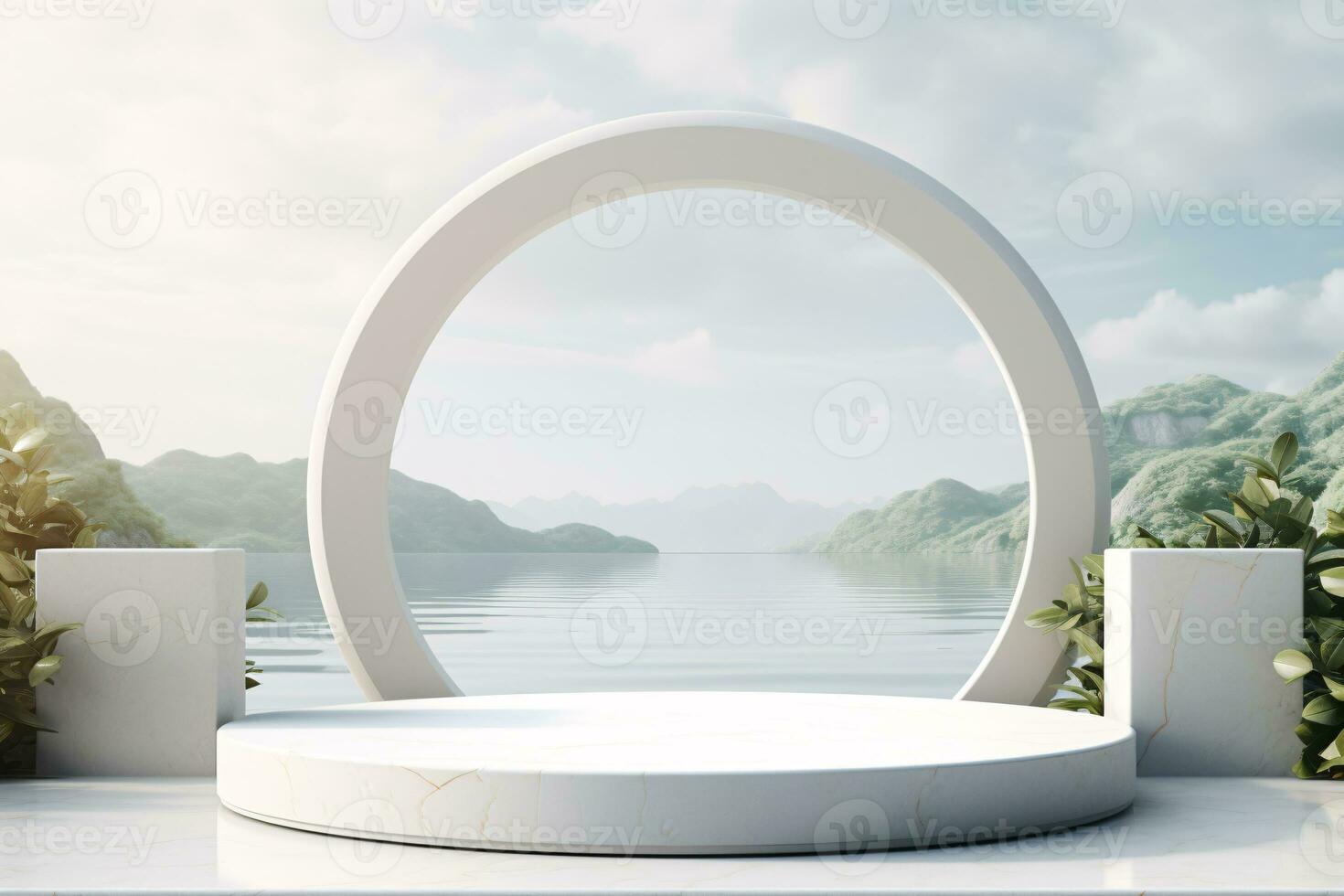 Cosmetic Display Product Stand on White Stone Podium on Water Background. AI Generative photo