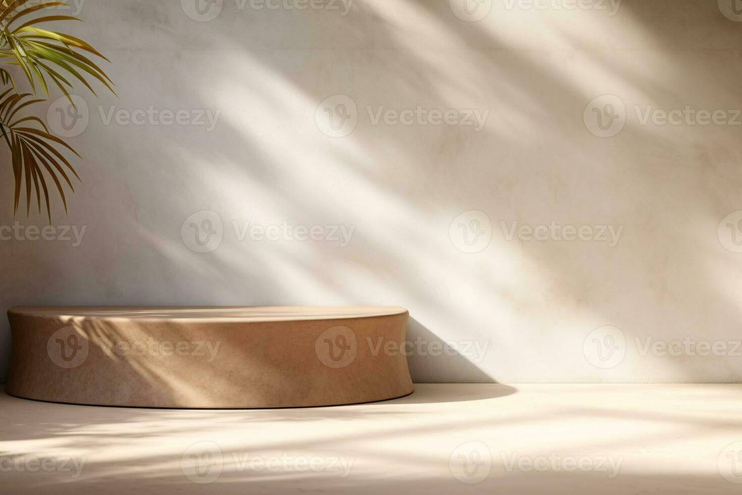 Beige Podium Product Display Presentation with Sandstone and Plants. AI Generative photo