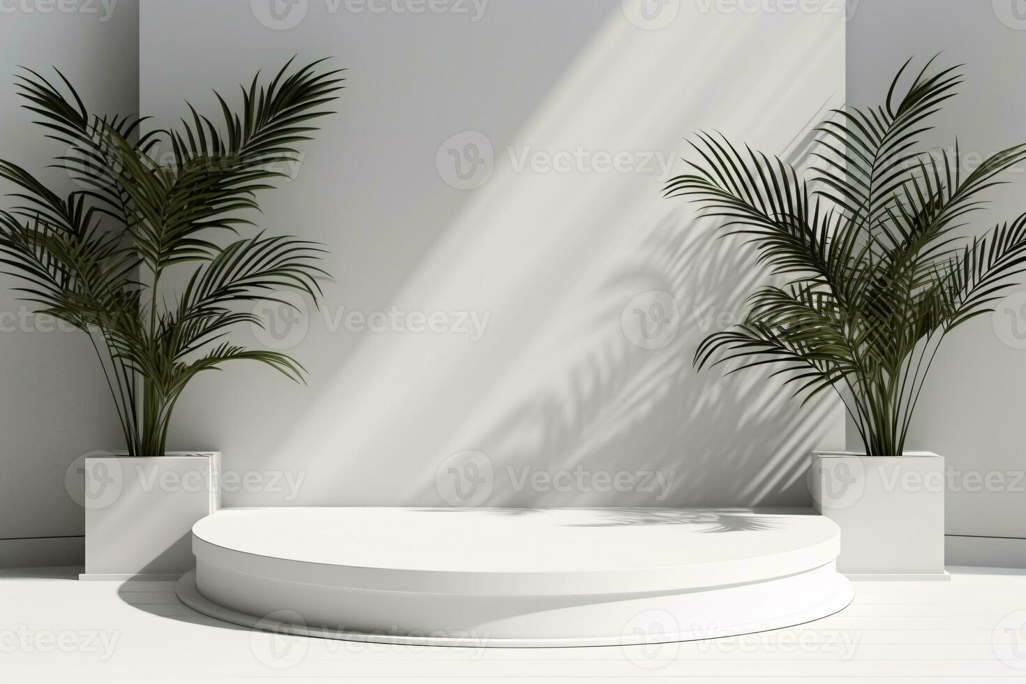 Podium Product Display Presentation with Sandstone and Plants. AI Generative photo