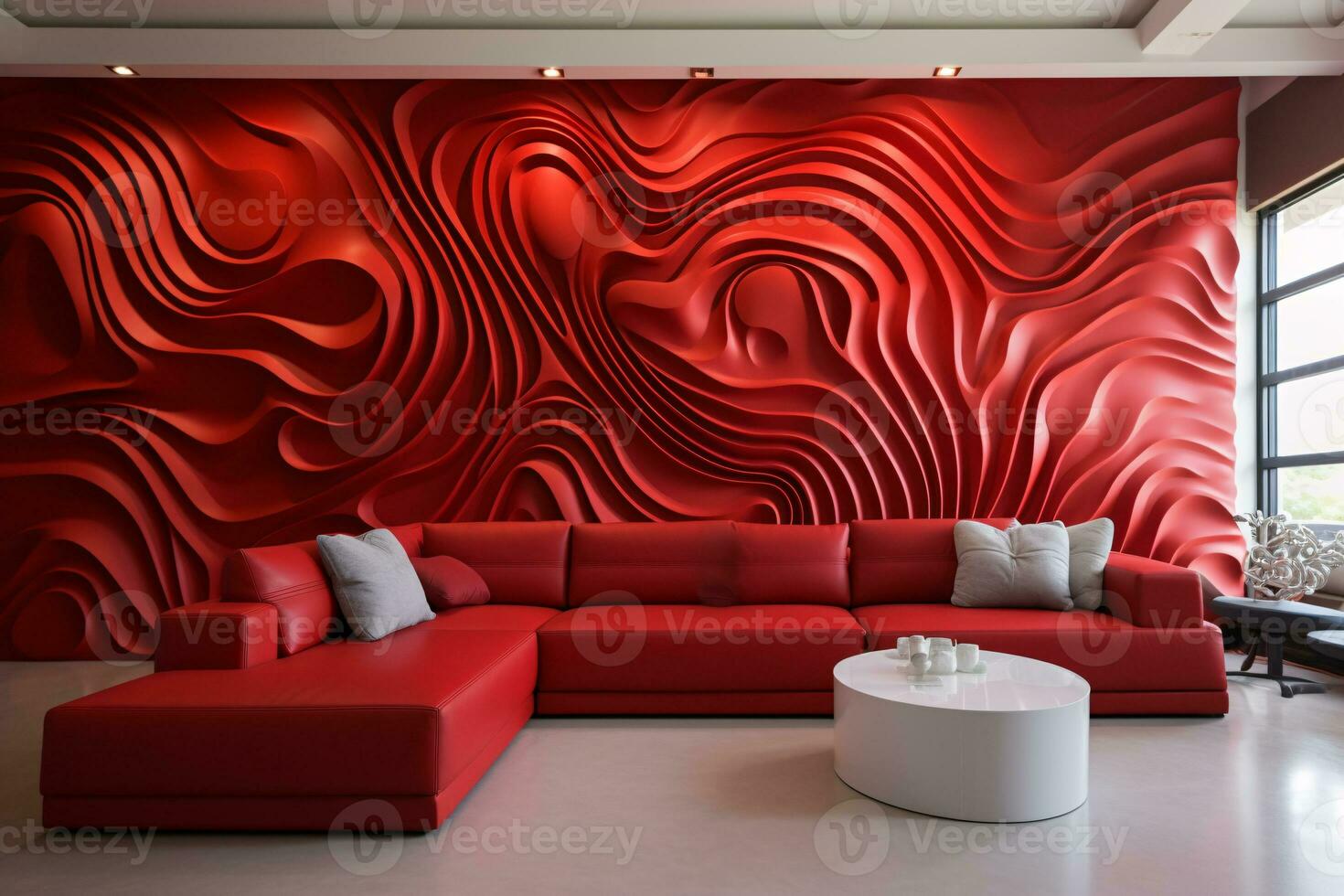 rojo sofá en moderno vivo habitación con espejismo rojo pared. ai generativo foto